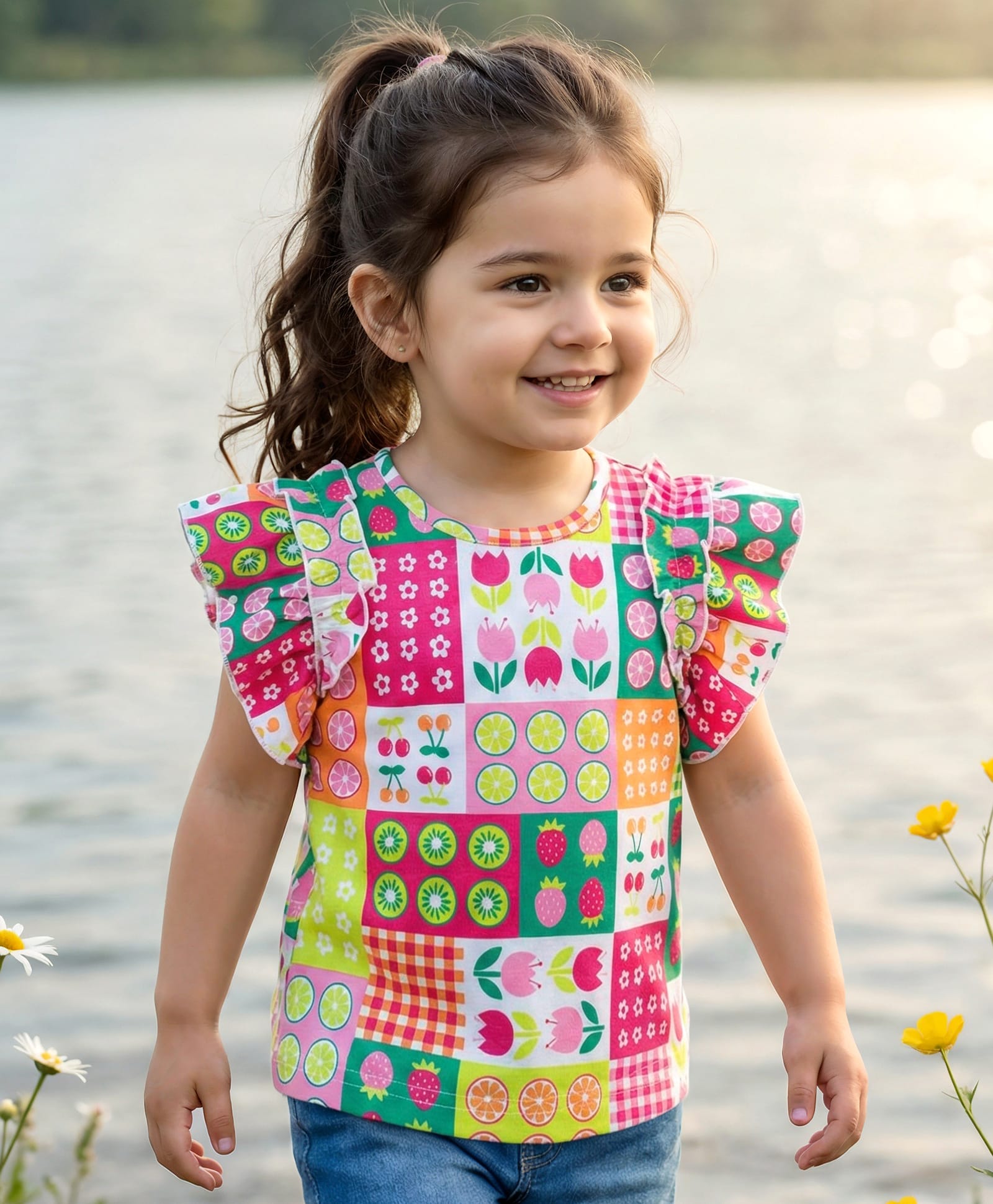 Babyhug Cotton Knit Frill Sleeves Top with Tropical Theme Print - Multicolor-image-25