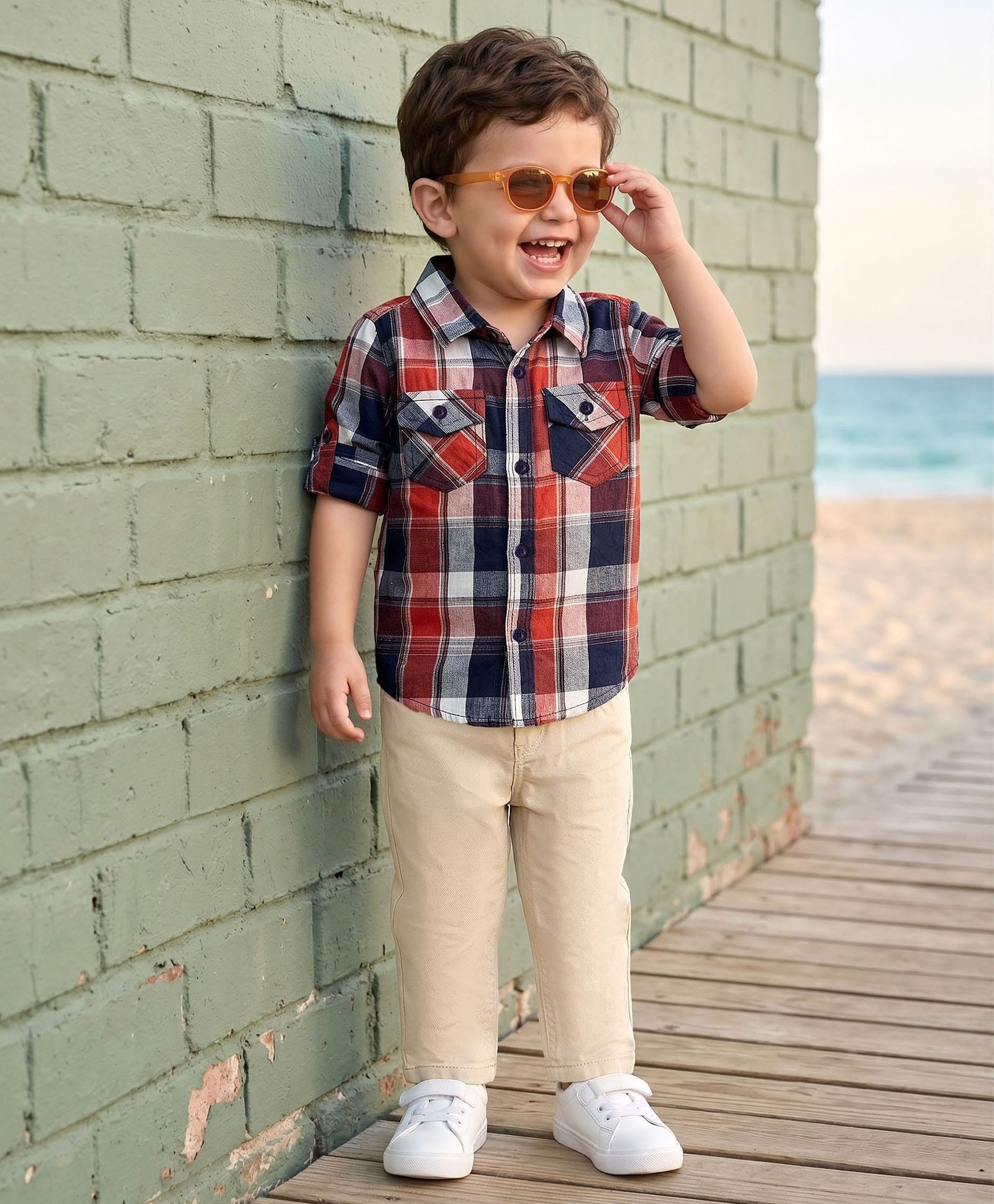 Babyhug Cotton Woven Full Sleeves Checkered Shirt & Trouser Set - Beige-image-10