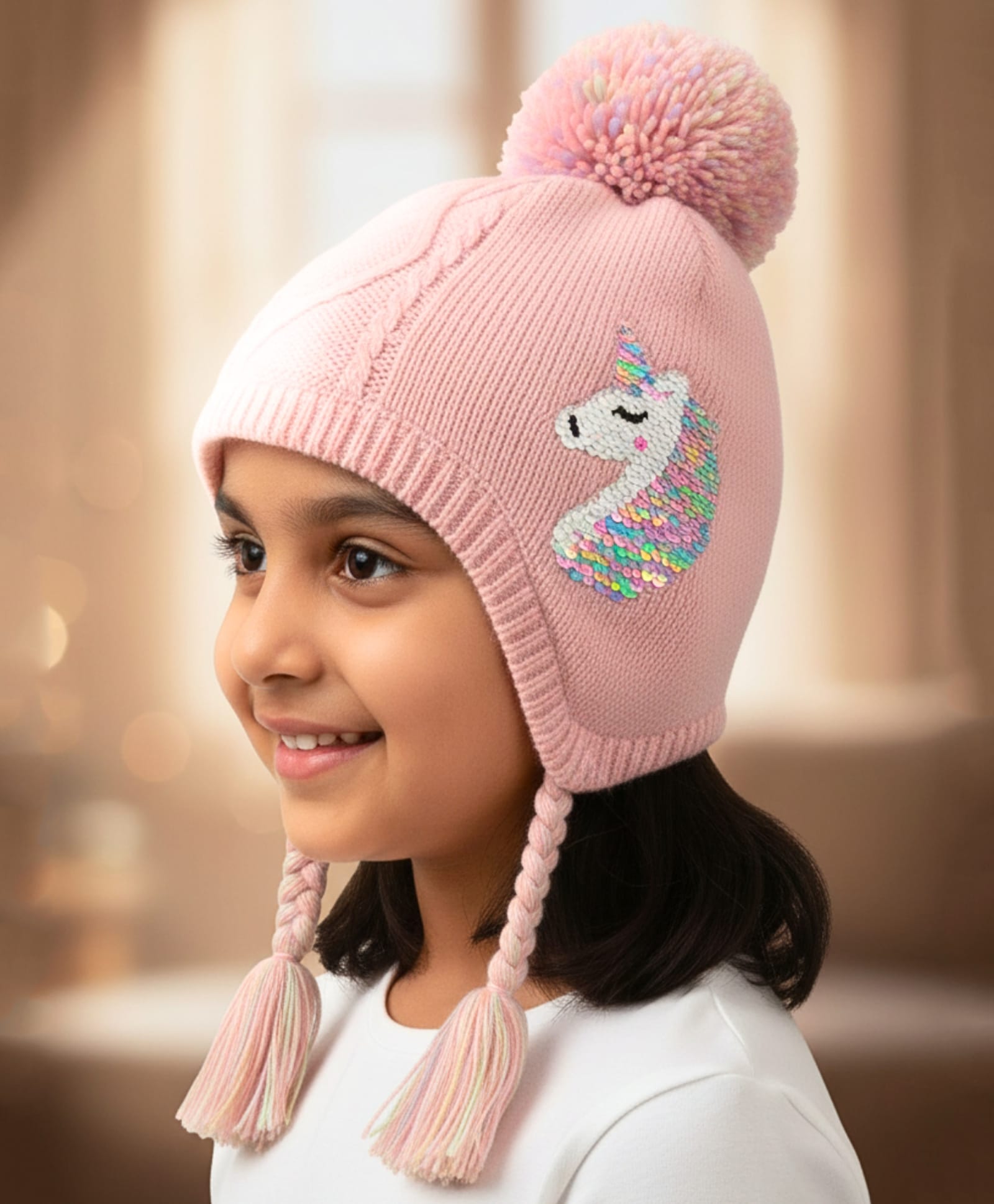 Yellow Bee Wool Knit Unicorn Designed Sequins Embellished Braided Beanie Cap - Pink - Circumference 52 Cms-picture-25