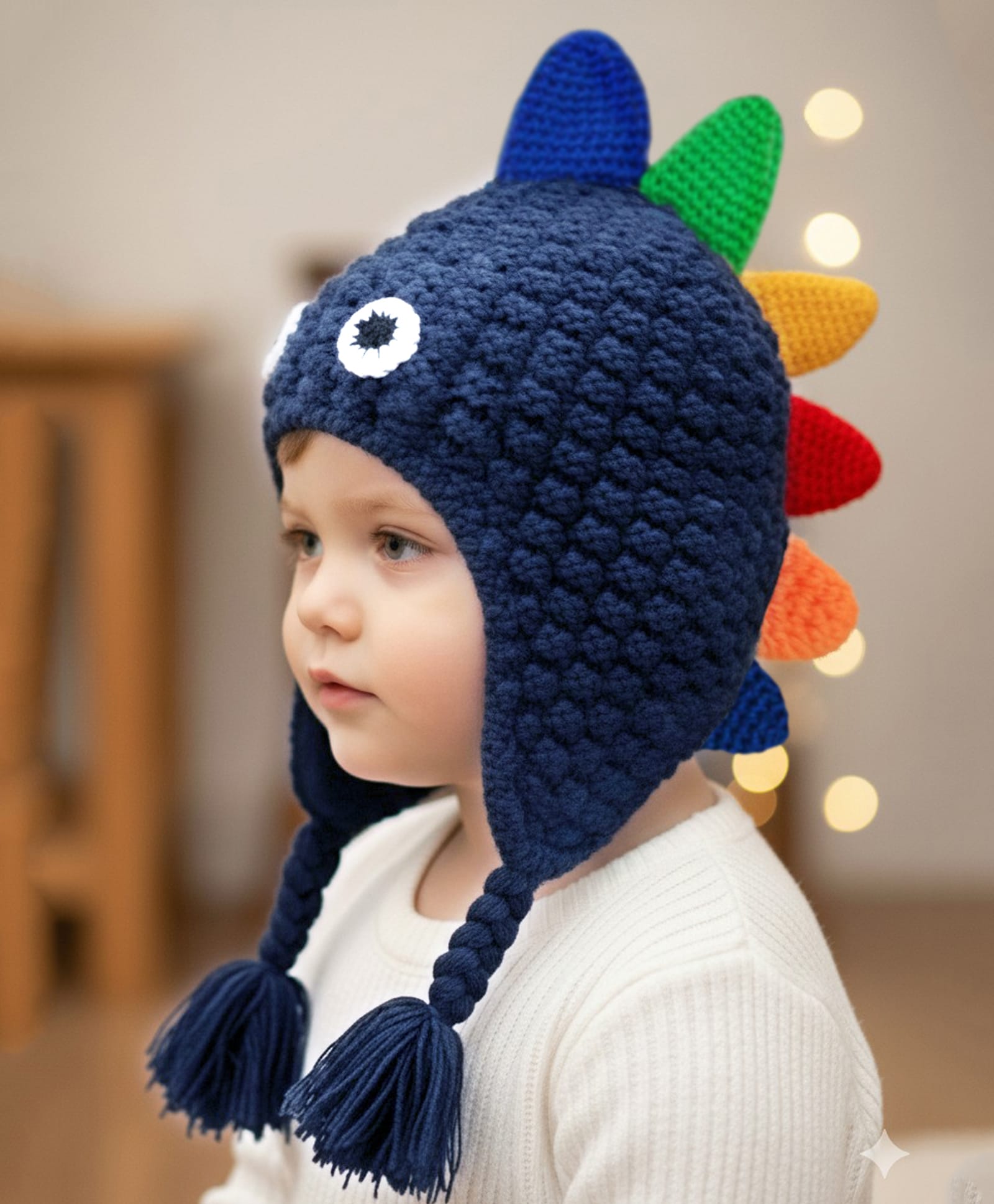 Yellow Bee Wool Knit Dinosaur Designed Braided Beanie Cap - Navy Blue - Circumference 52 Cms-image-31