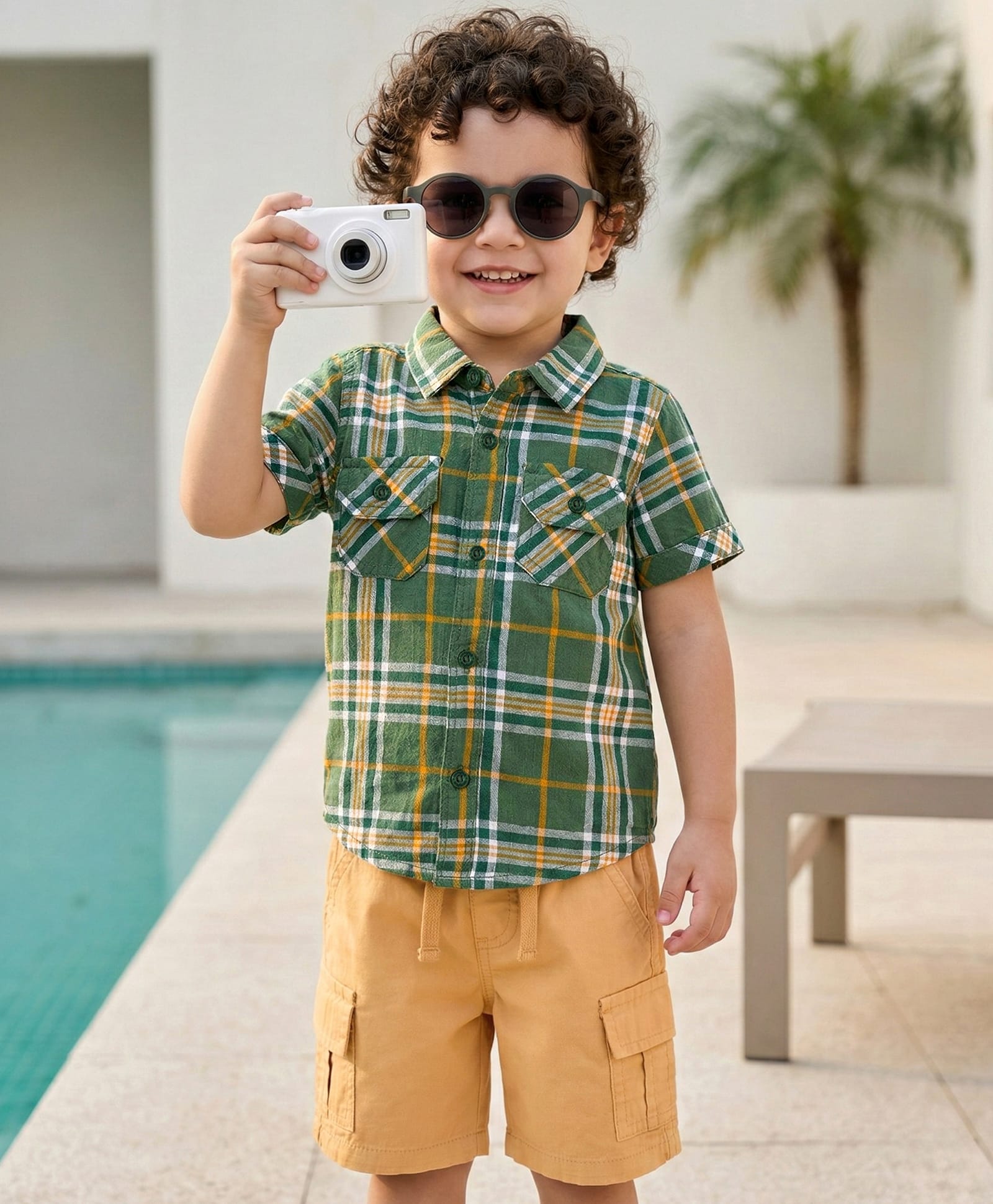 Babyhug 100% Cotton Woven Half Sleeves Checks Shirt & Shorts Set - Green & Khaki-image-22
