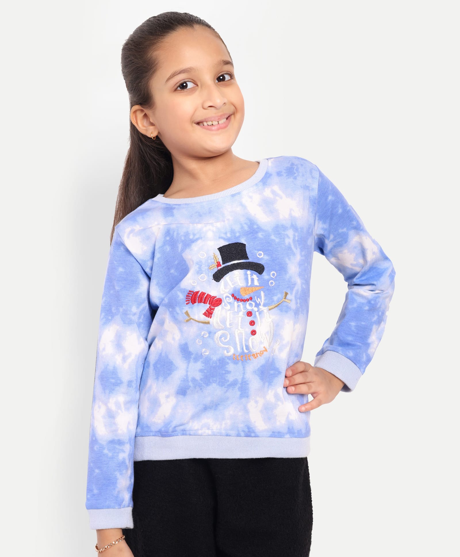 Nino Togs Cotton Knit Full Sleeves Tie Dye Snowman Embroidered Light Winter Sweatshirt - Blue-image-3