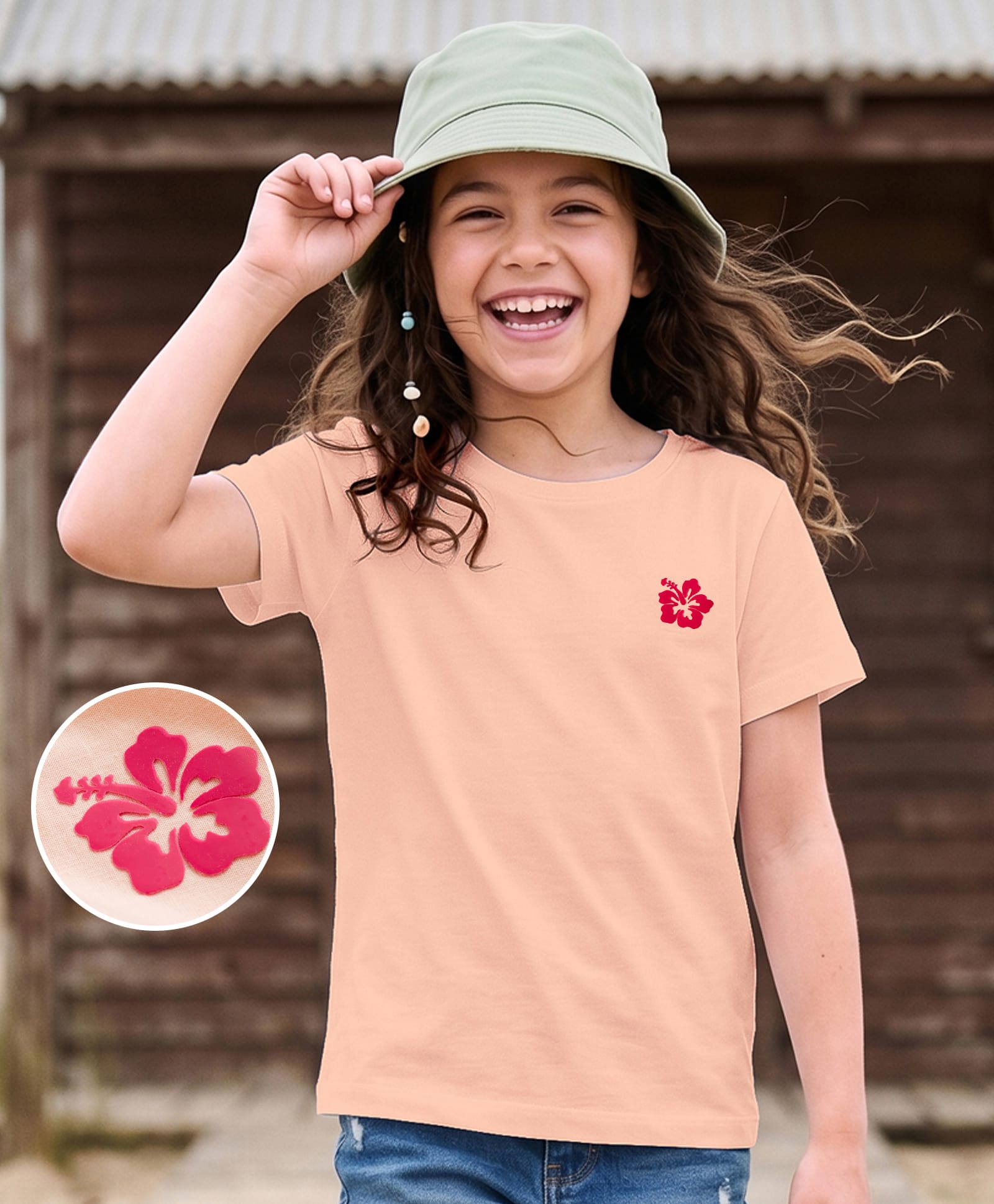 Kookie Kids Single Jersey Knit Half Sleeves T-Shirt with Floral Graphic - Peach-image-33