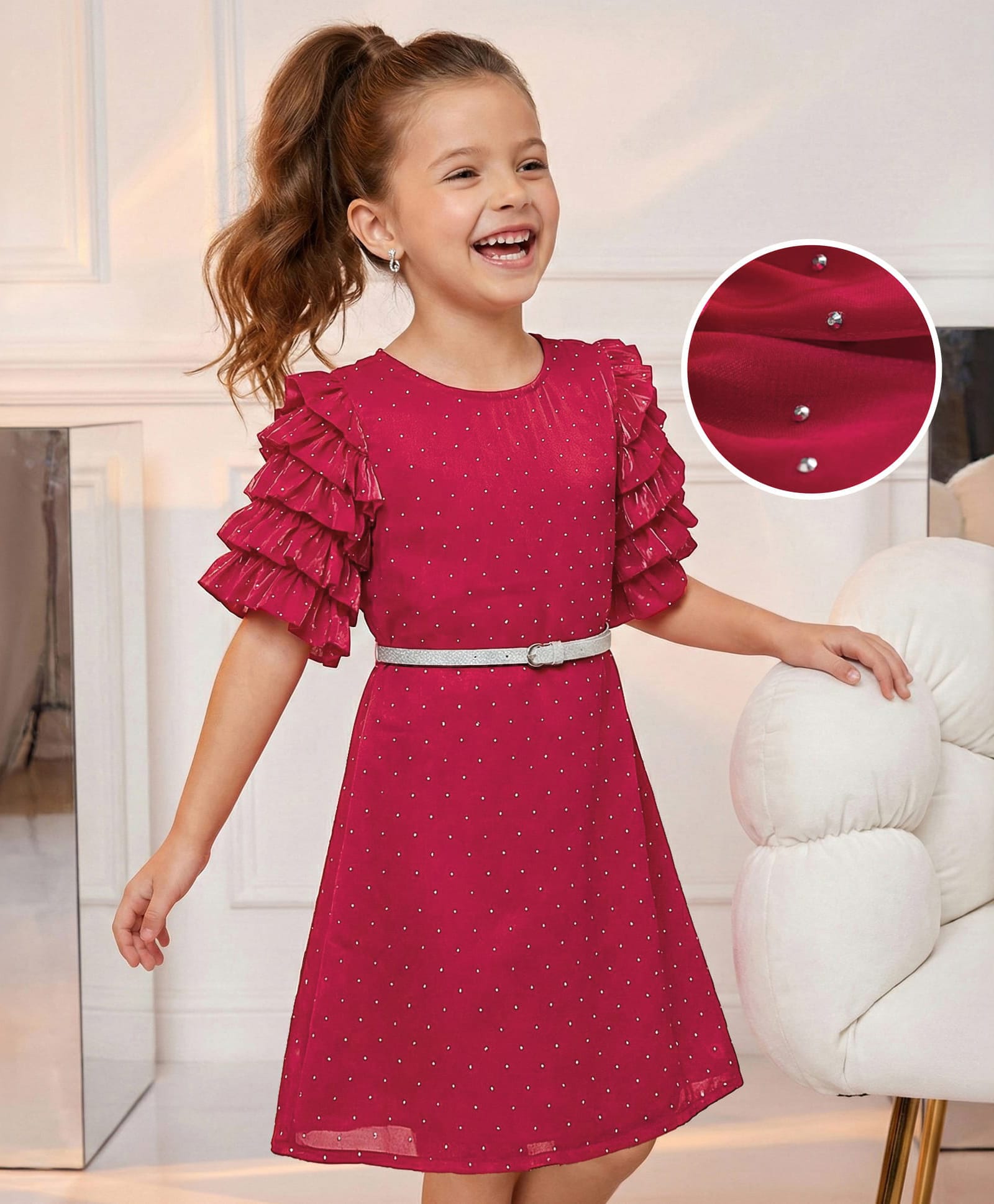 Hola Bonita Woven Layered Half Sleeves Shimmer Party Dress With Belt - Fuchsia-picture-18