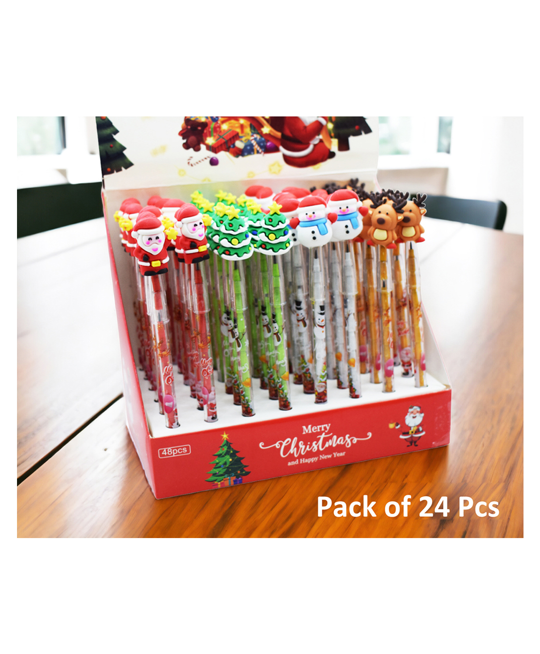 Asera 24 Pcs Christmas Pencils Stackable Push Pencils with Christmas Santa Claus Cap, Christmas Tree, Snowman for kids Birthday Return Gifts Party Favours favors Take away Gifts - Red & Green-picture-49
