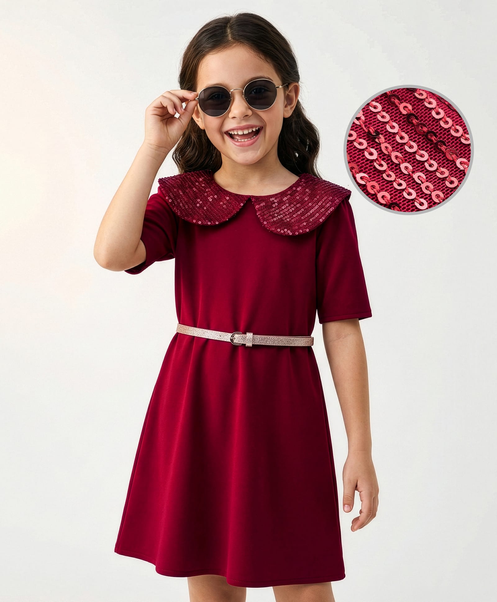 Hola Bonita Knit Half Sleeves Solid Dress Peter Pan Collar Party Dress with Belt & Sequin Detailing - Maroon-image-32