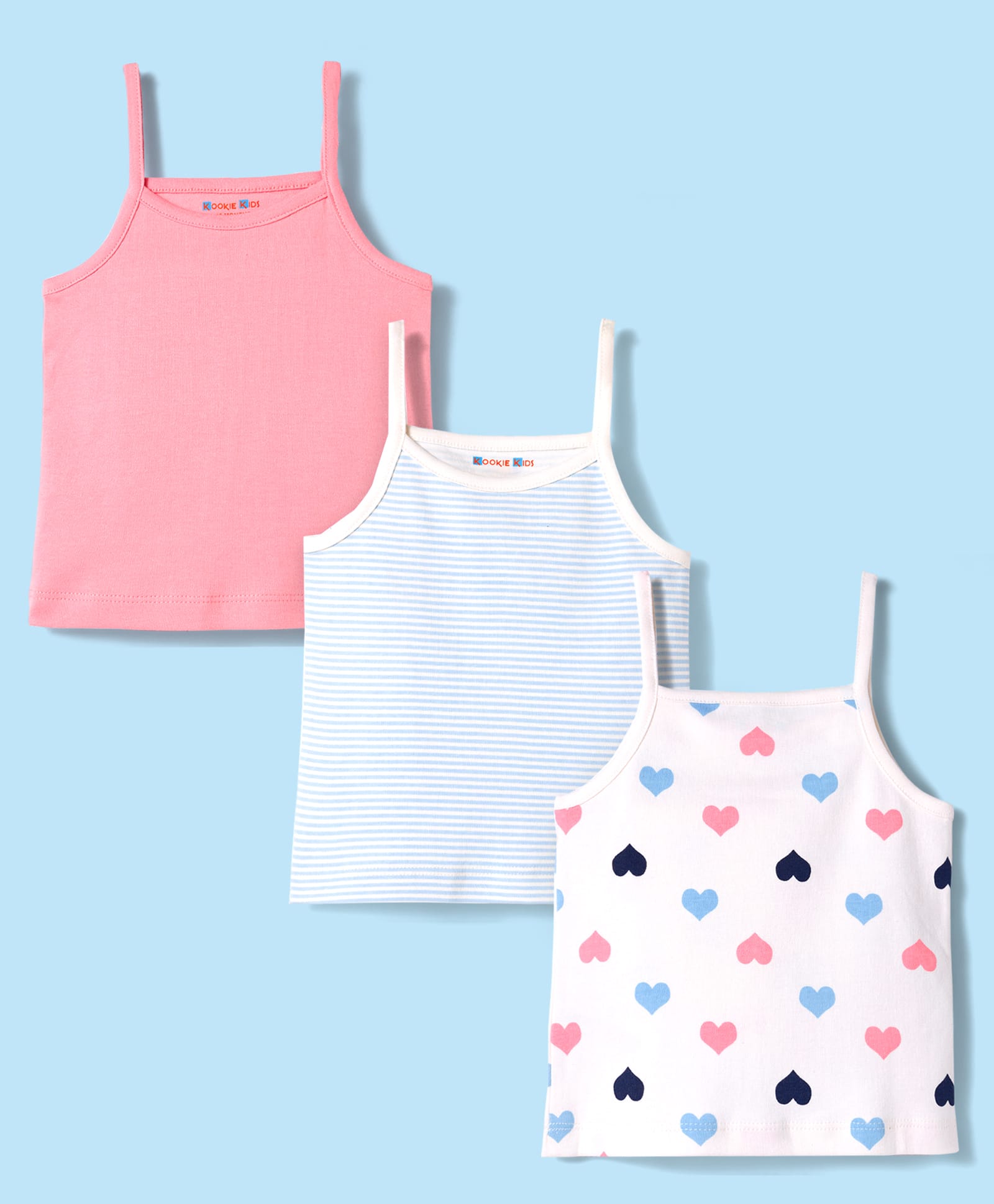 Kookie Kids Interlock Knit Sleeveless Slips With Heart Print Pack Of 3 - Pink White & Light Blue-image-47
