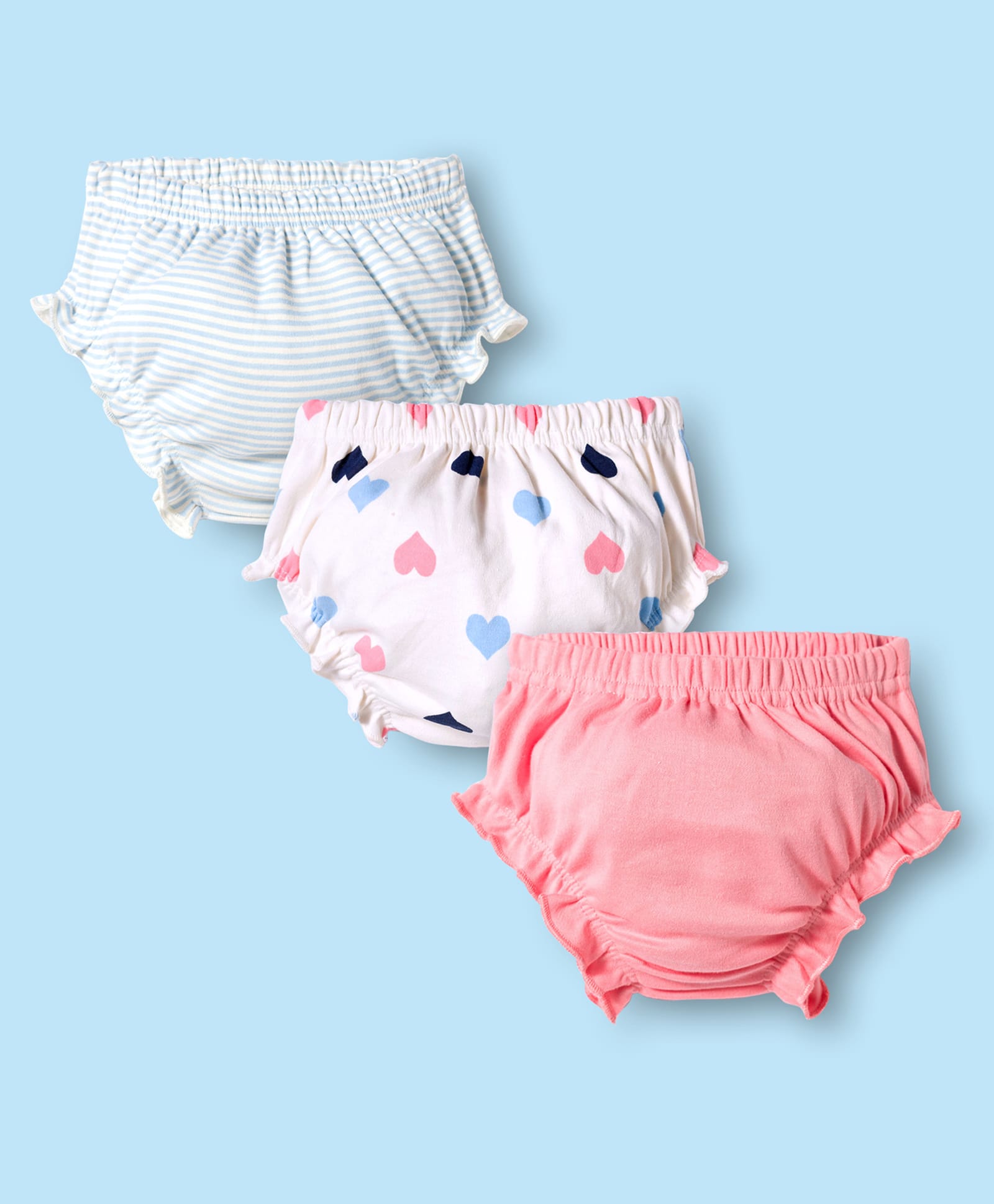 Kookie Kids Interlock Knit Panties With Heart Print Pack Of 3 - Pink White & Light Blue-image-7