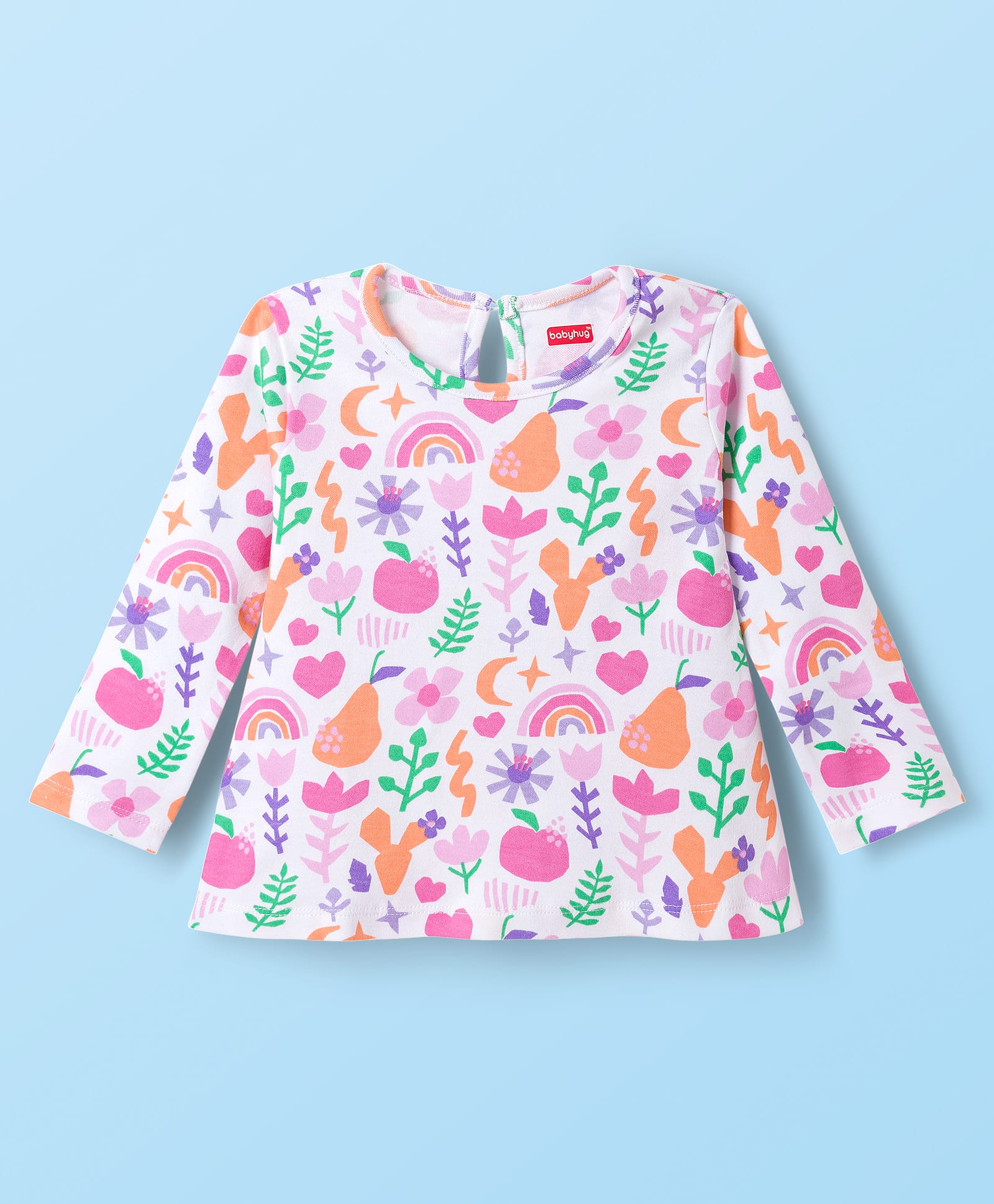 Babyhug 100% Cotton Knit Full Sleeves T-Shirt with Tropical Theme Print - White-picture-28