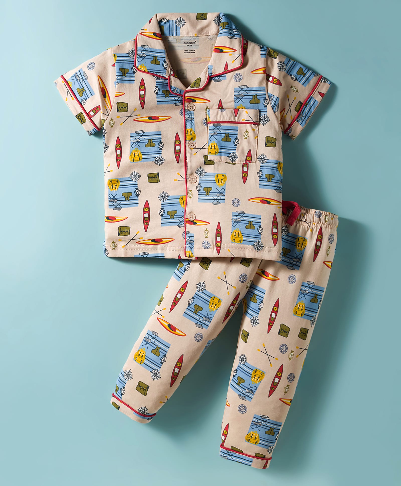 CUCUMBER Sinker Knit Half Sleeves Co-ord Night Suit With Beach Theme Print - Ivory-picture-12