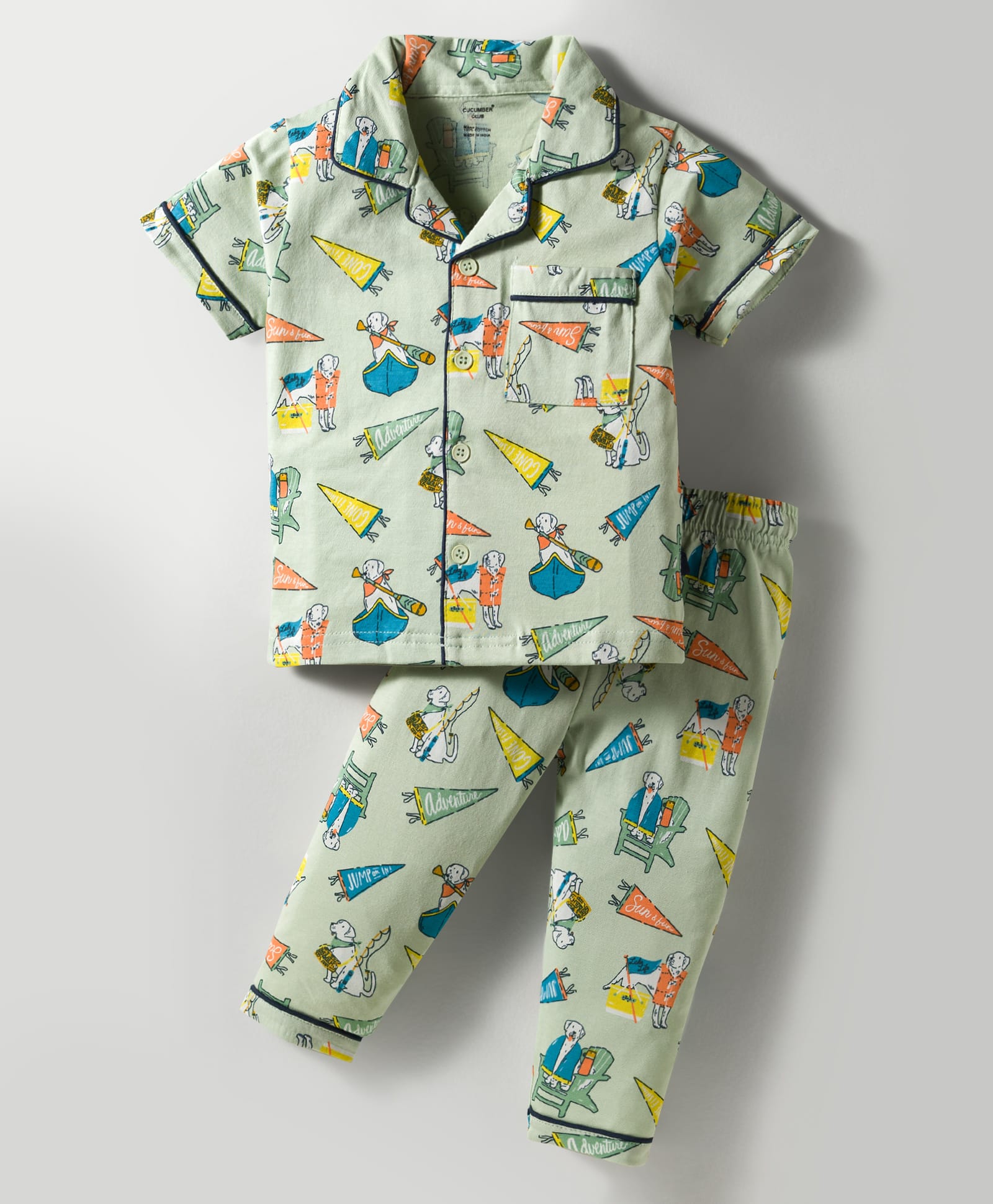 CUCUMBER Sinker Knit Half Sleeves Co-ord Night Suit With Dog Print - Light Green-image-43