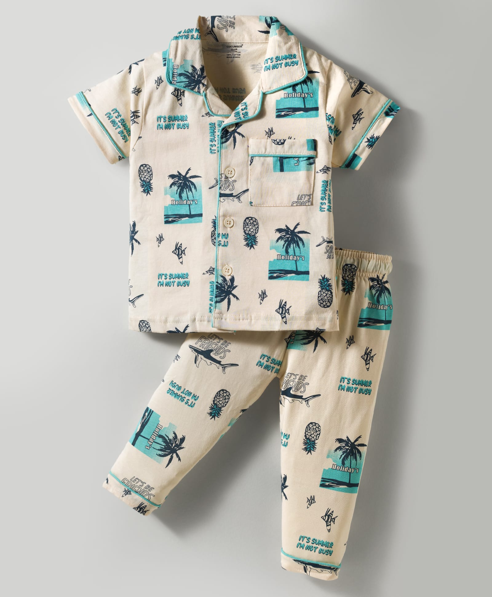 CUCUMBER Sinker Knit Half Sleeves Co-ord Night Suit With Tree Print - Cream-image-36