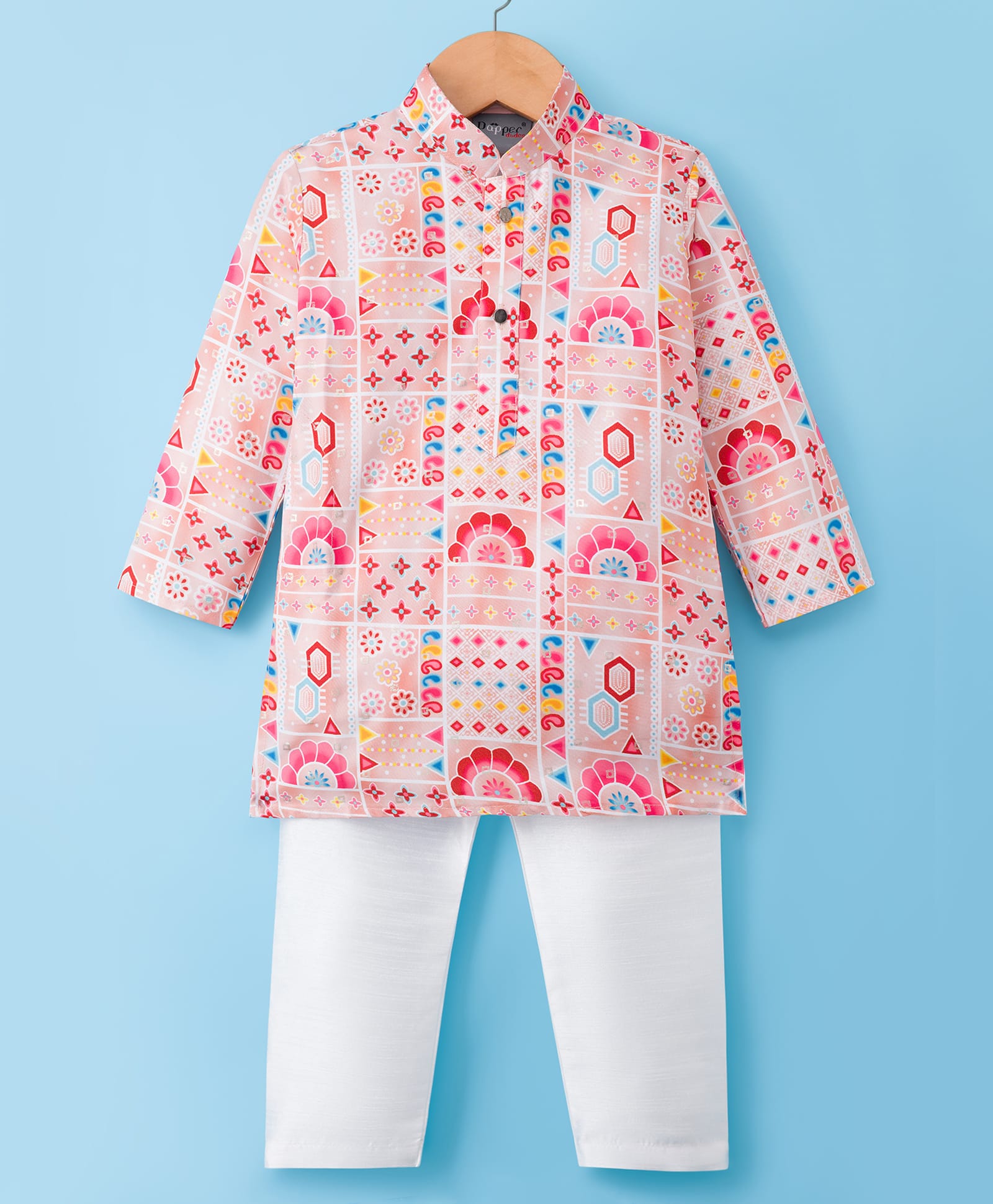 Dapper Dudes Full Sleeves Ethnic Motifs Printed Kurta Pyjama Set - Peach-image-10