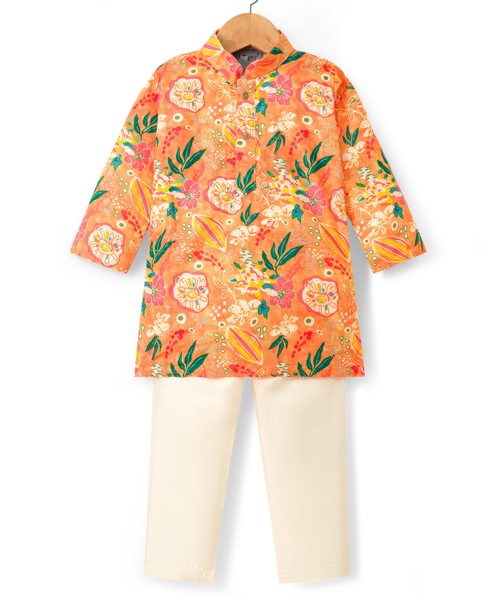 Dapper Dudes Full Sleeves Floral Printed Kurta Pyjama Set - Orange-image-13