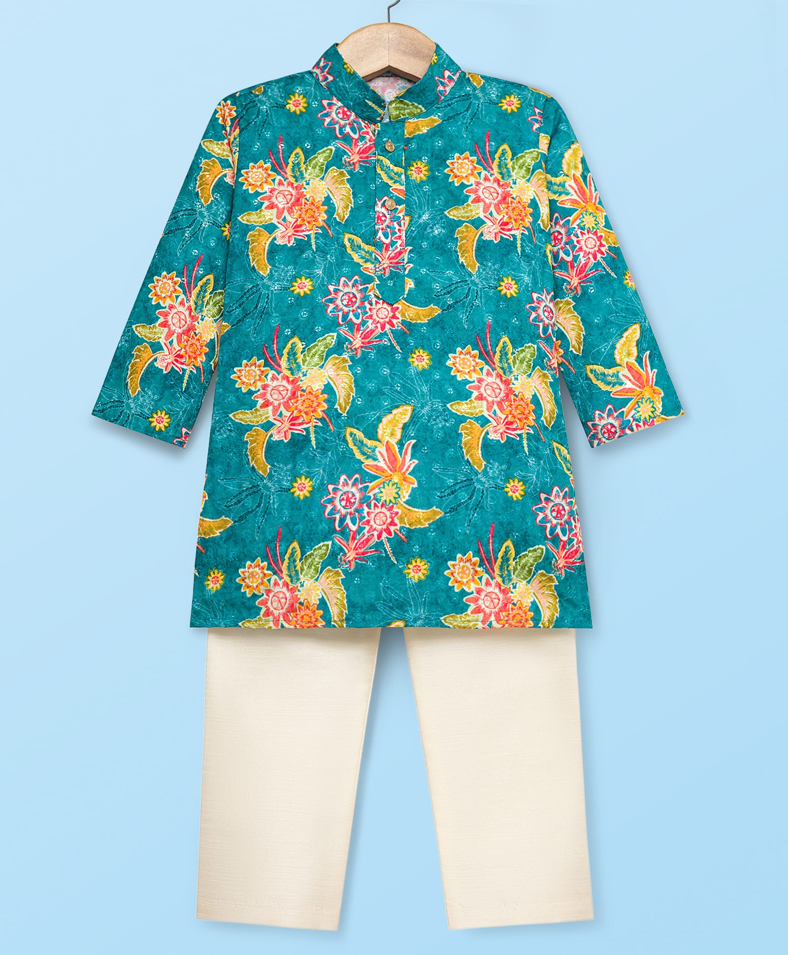 Dapper Dudes Full Sleeves Floral Motifs Printed Kurta Pyjama Set - Persian Blue-image-42