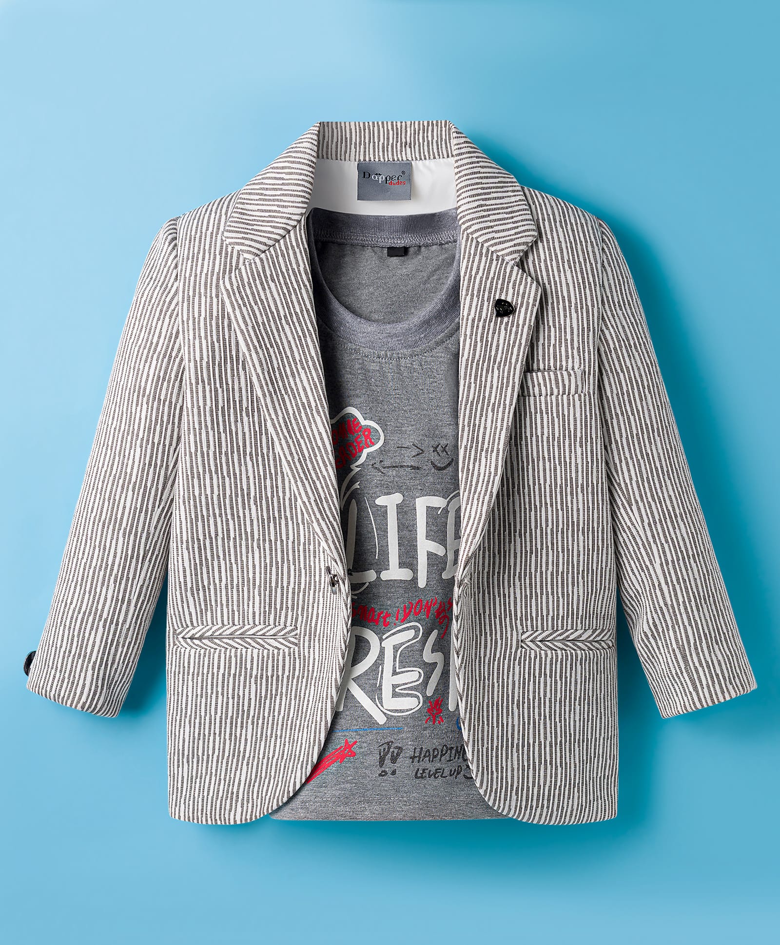 Dapper Dudes Full Sleeves Striped Blazer With Typography Printed Tee - Grey-picture-26