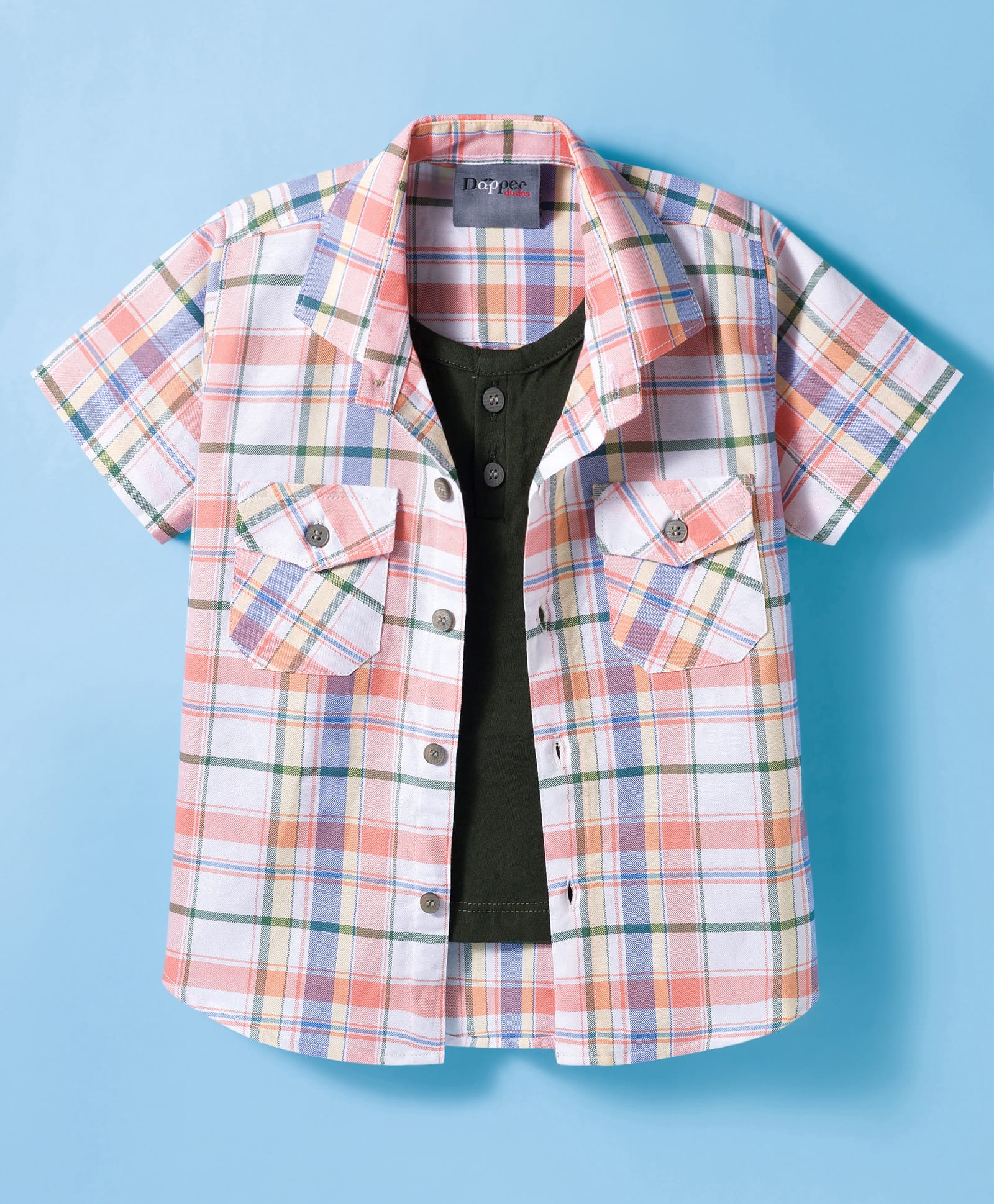 Dapper Dudes Half Sleeves Checked Shirt With Attached Tee - Orange-image-22