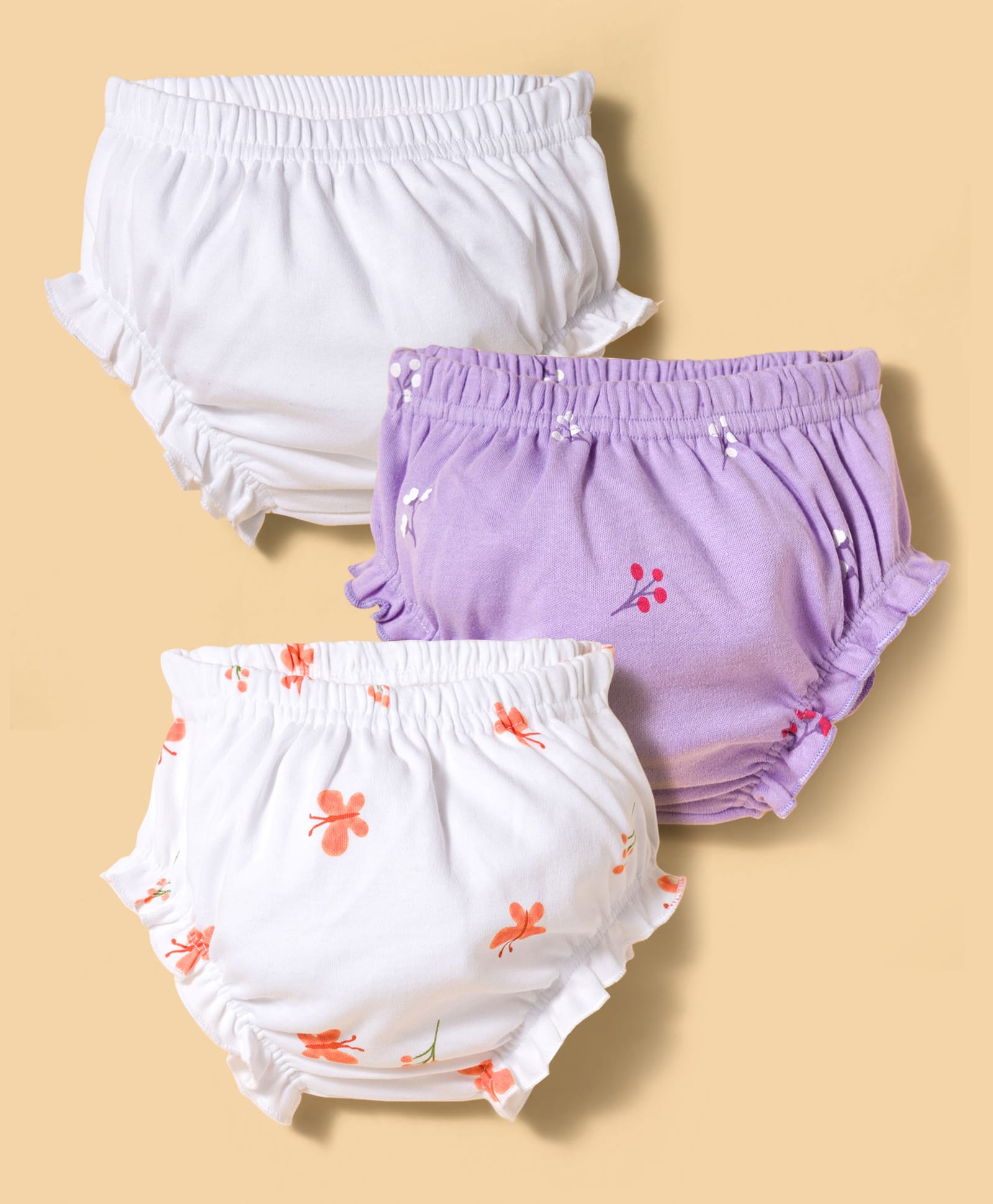 Kookie Kids Interlock Knit Bloomers With Floral Print Pack Of 3 - White & Purple