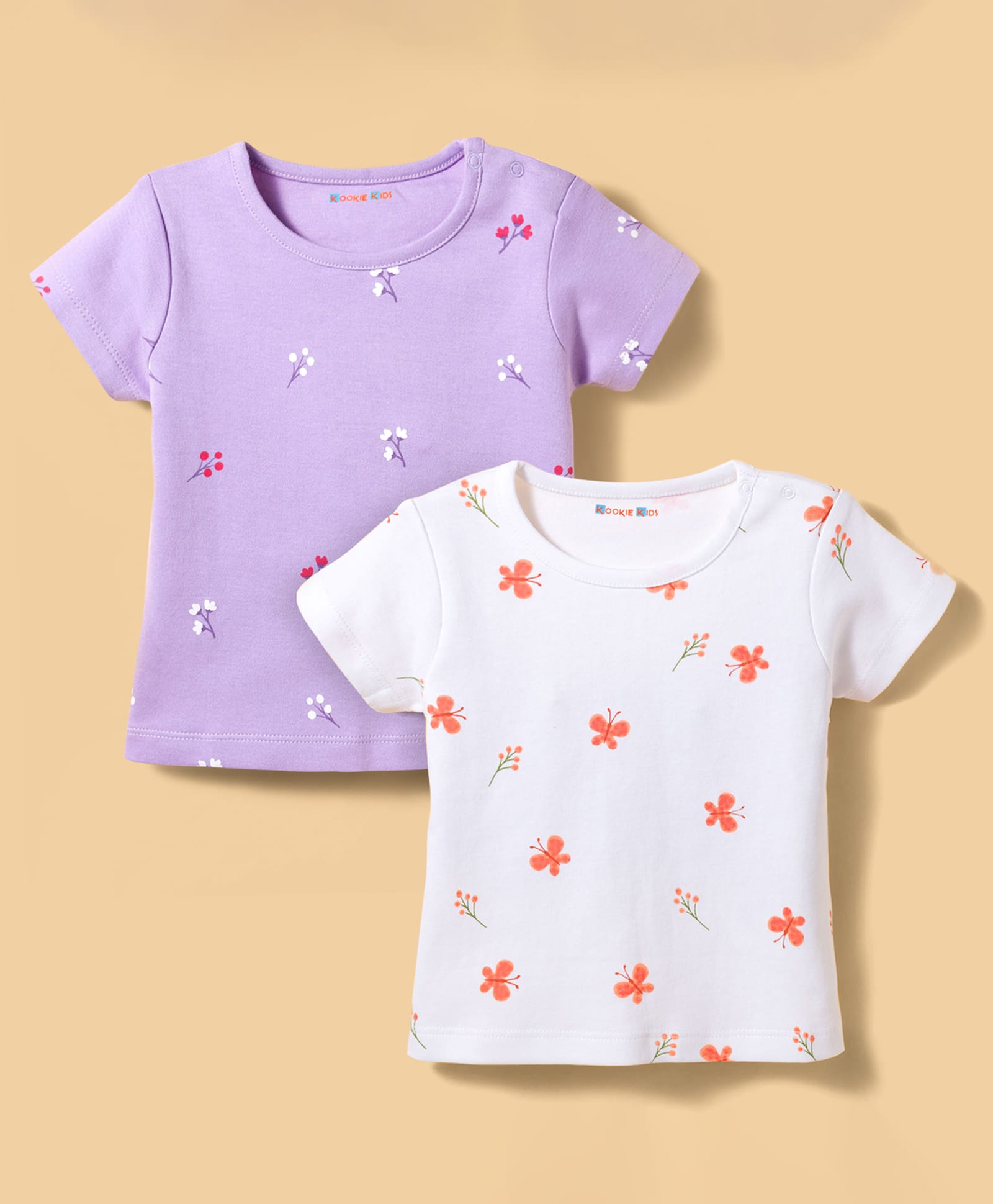 Kookie Kids Interlock Knit Half Sleeves T-Shirts With Floral Print Pack of 2 - White & Lavender-image-28