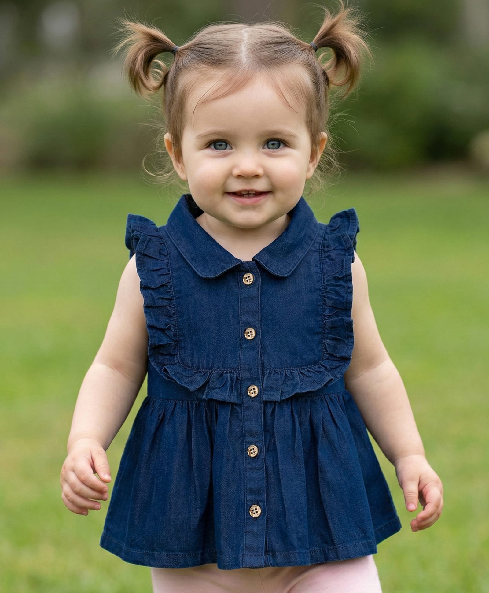 Babyoye Denim Woven Sleeveless Front Open Peplum Top with Frill Detailing - Navy Blue-image-22