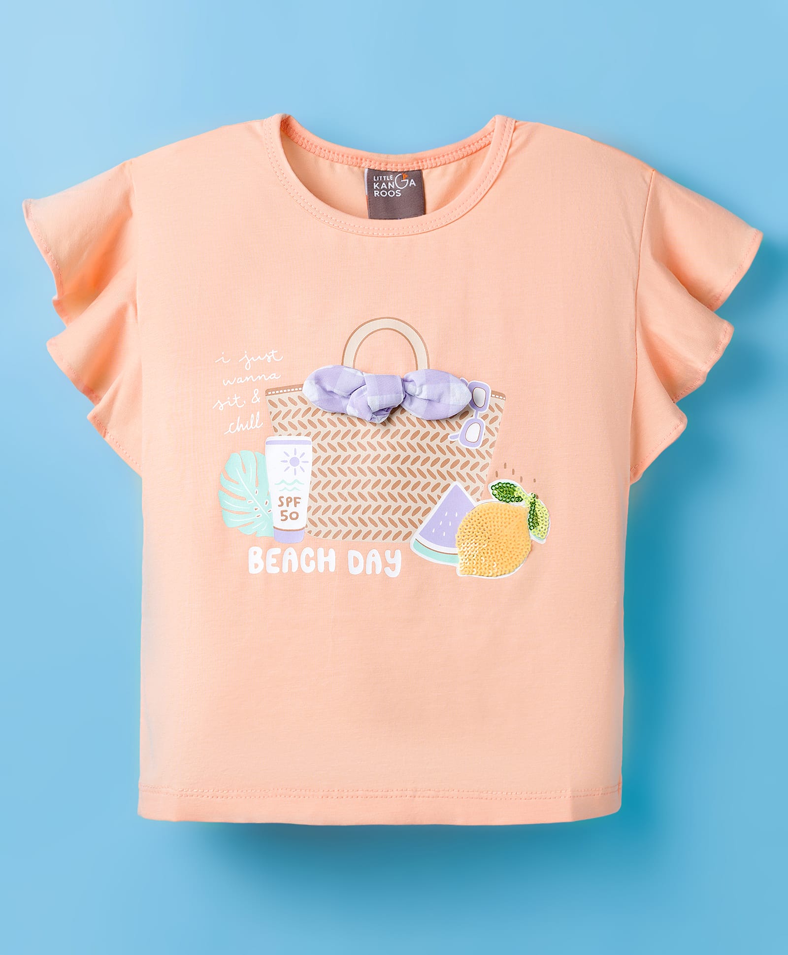 Little Kangaroos Knitted Frill Sleeves Top with Bow Applique & Beach Theme Print - Light Peach-image-10