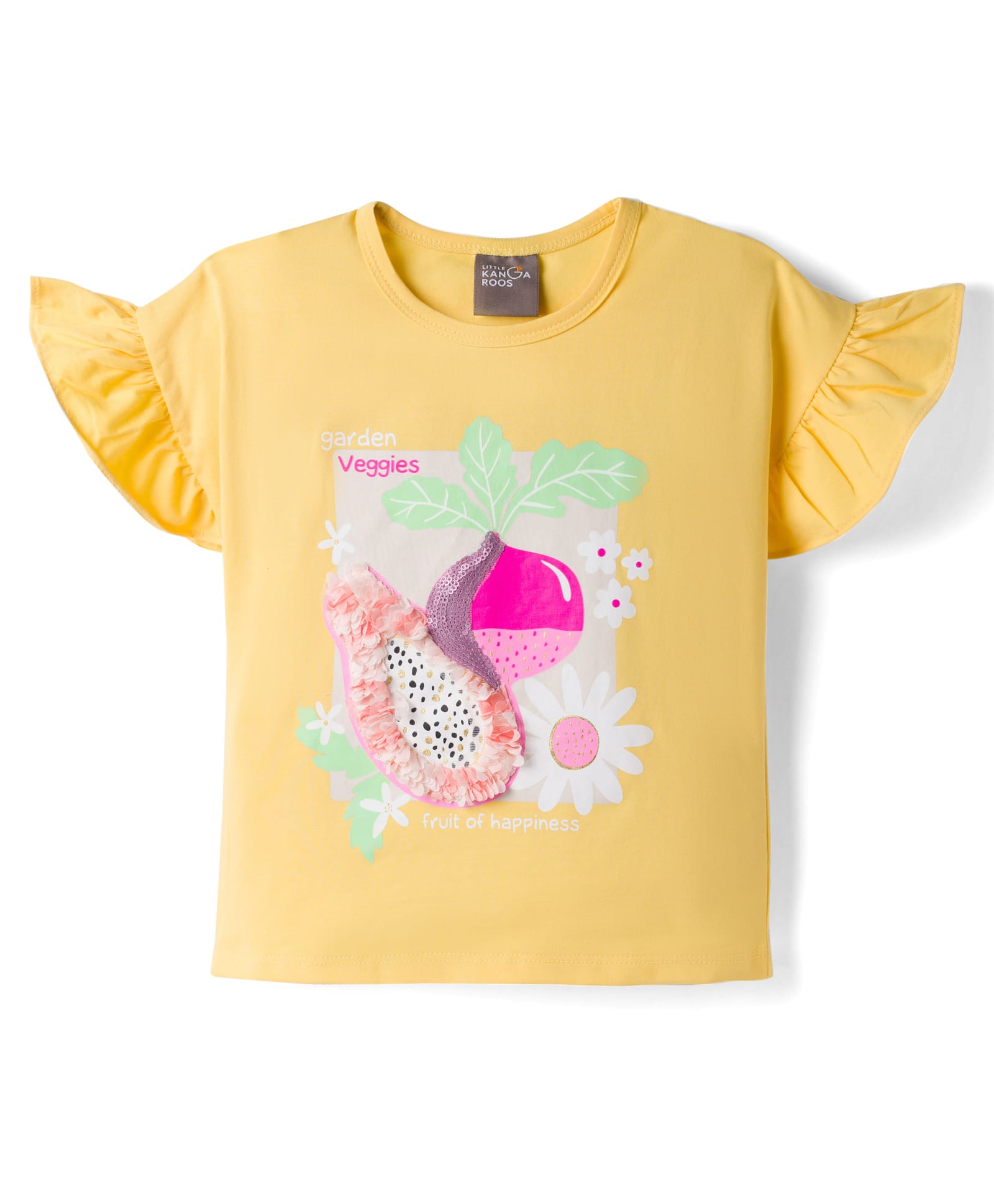 Little Kangaroos Knitted Half Frill Sleeves Tropical Theme Printed Top with Sequin Detailing - Yellow-image-4