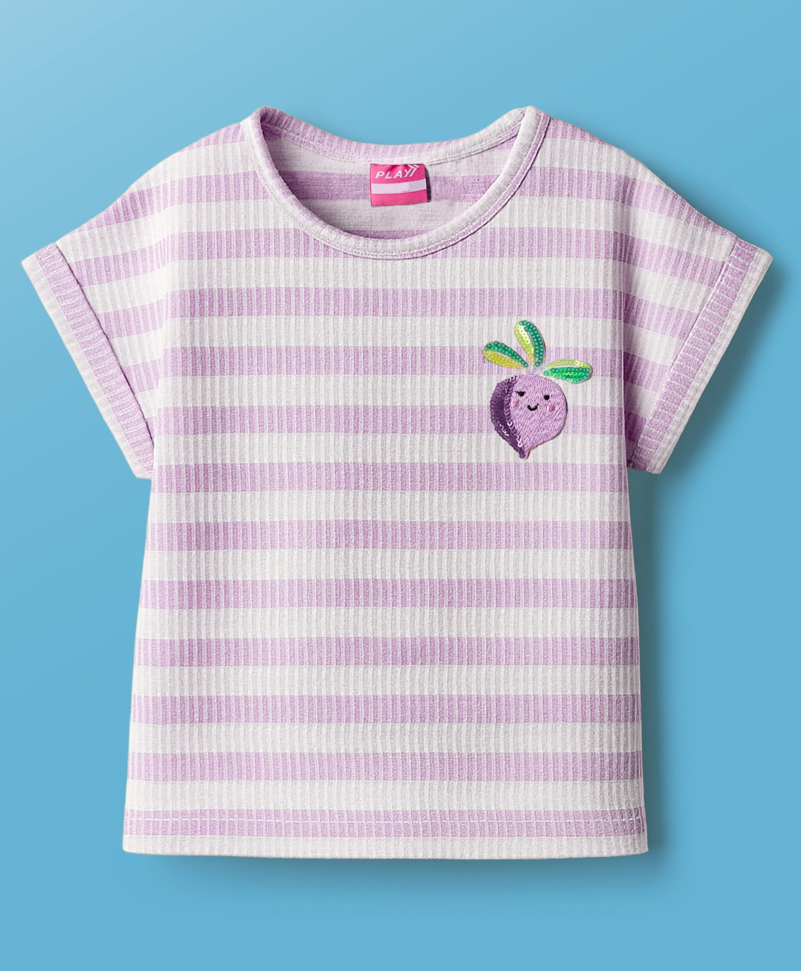Little Kangaroos Knit Half Sleeves Striped Top With Beetroot Embroidery & Sequin Detailing - Purple-picture-26