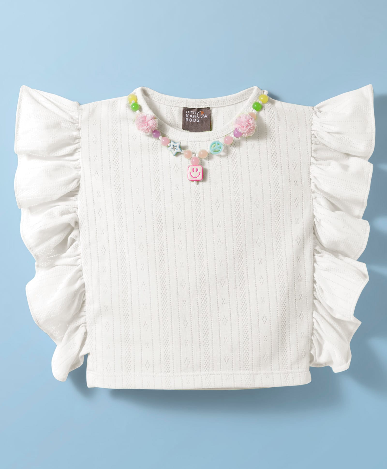 Little Kangaroos Cotton Knit Frill Sleeves Solid Color Top with Necklace - White-image-36