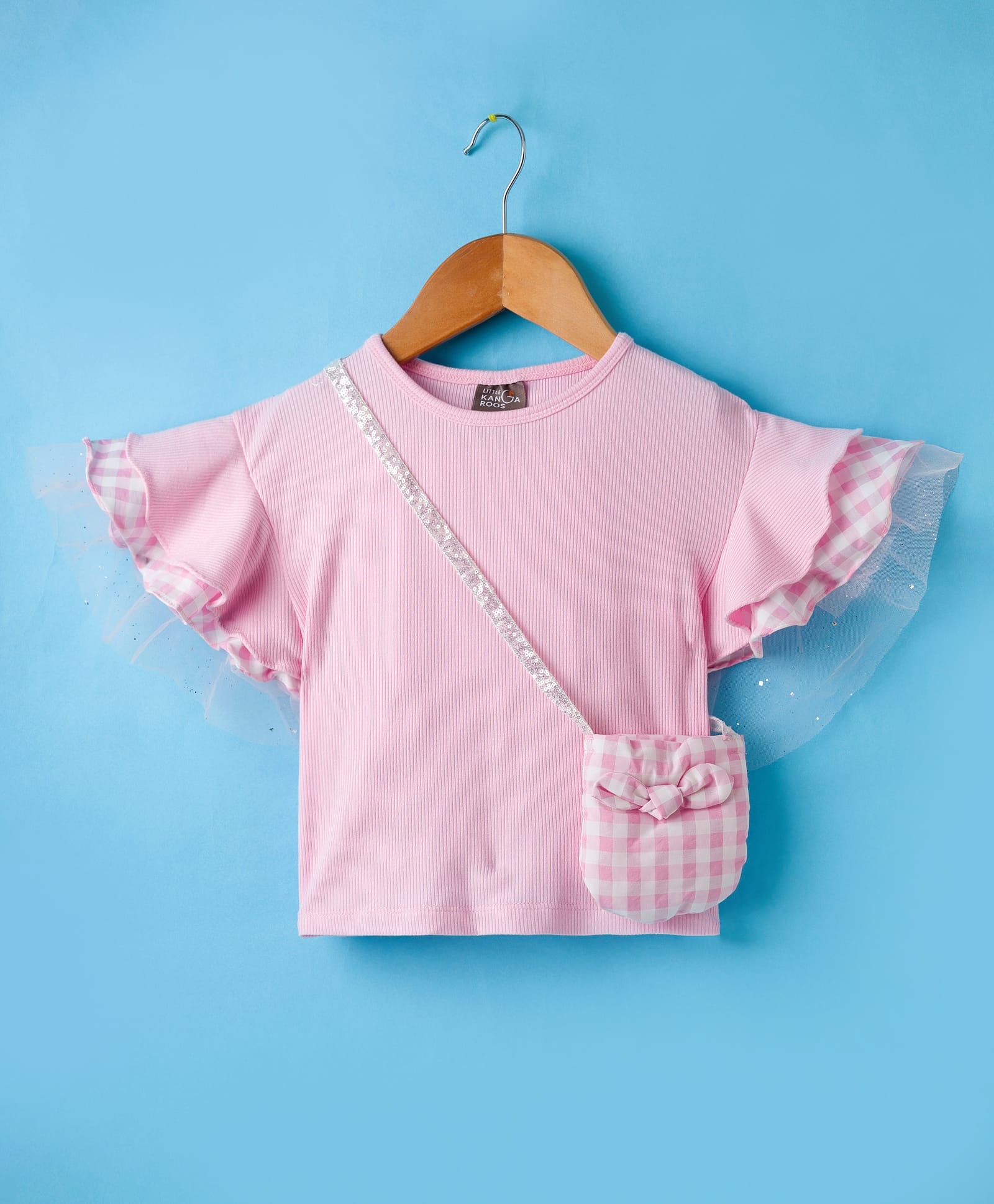 Little Kangaroos Knit Half Frill Sleeves Solid Color Top With Sling Bag - Pink-image-40