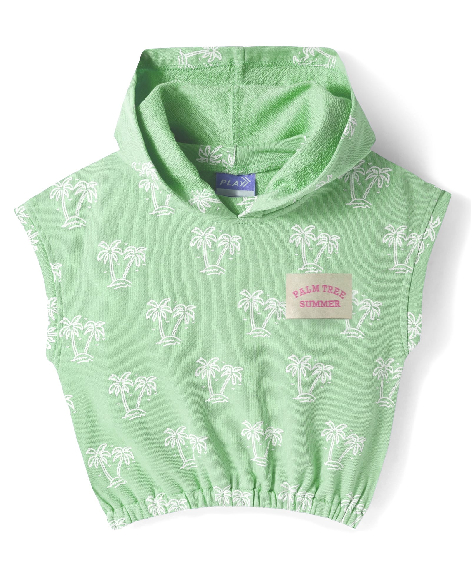 Little Kangaroos Cotton Knit Sleeveless Hooded Top with Palm Tree Print - Light Green-image-7