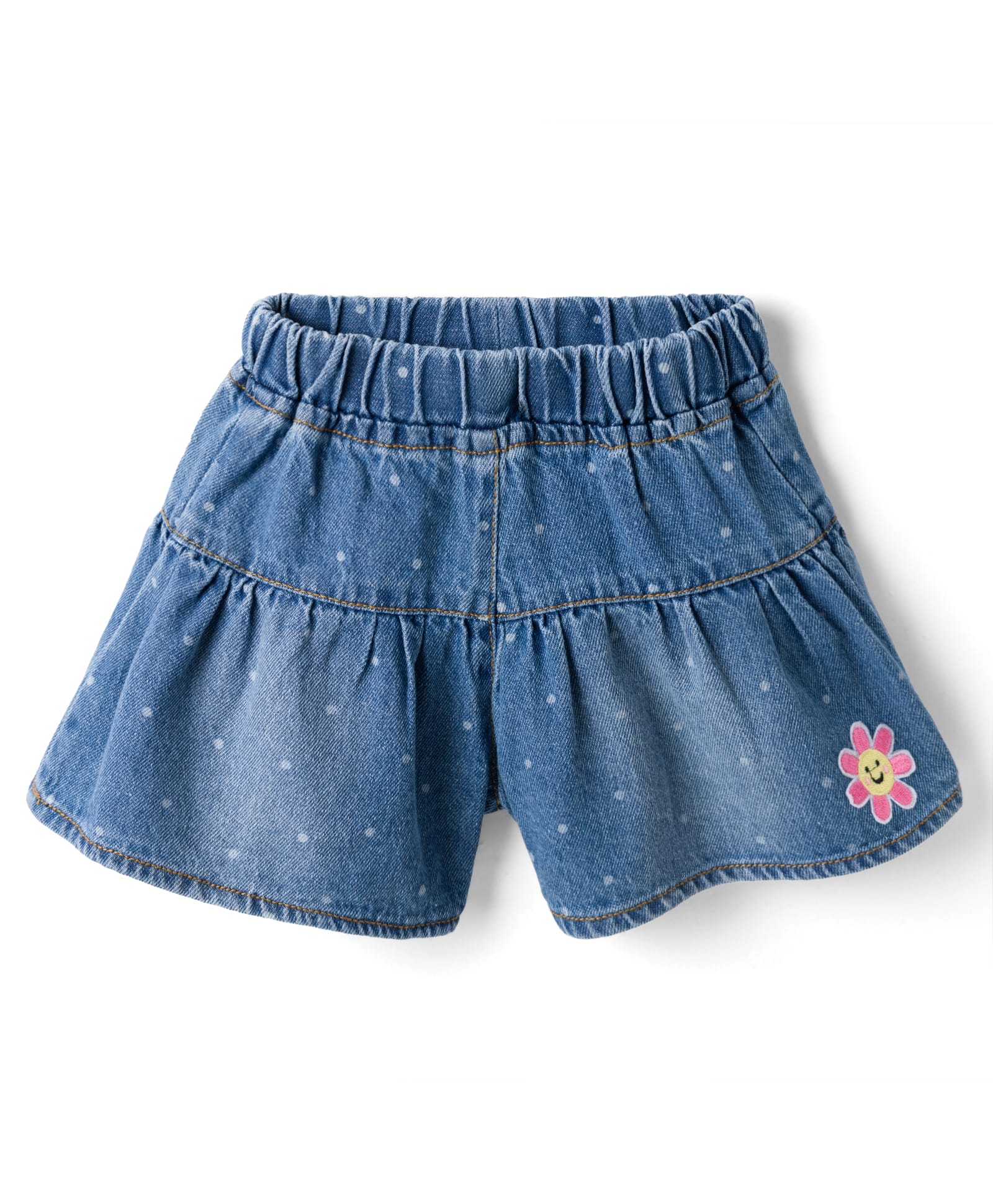 Little Kangaroos Denim Woven Knee Length Shorts with Polka Dot Print & Floral Embroidery - Light Blue-picture-16