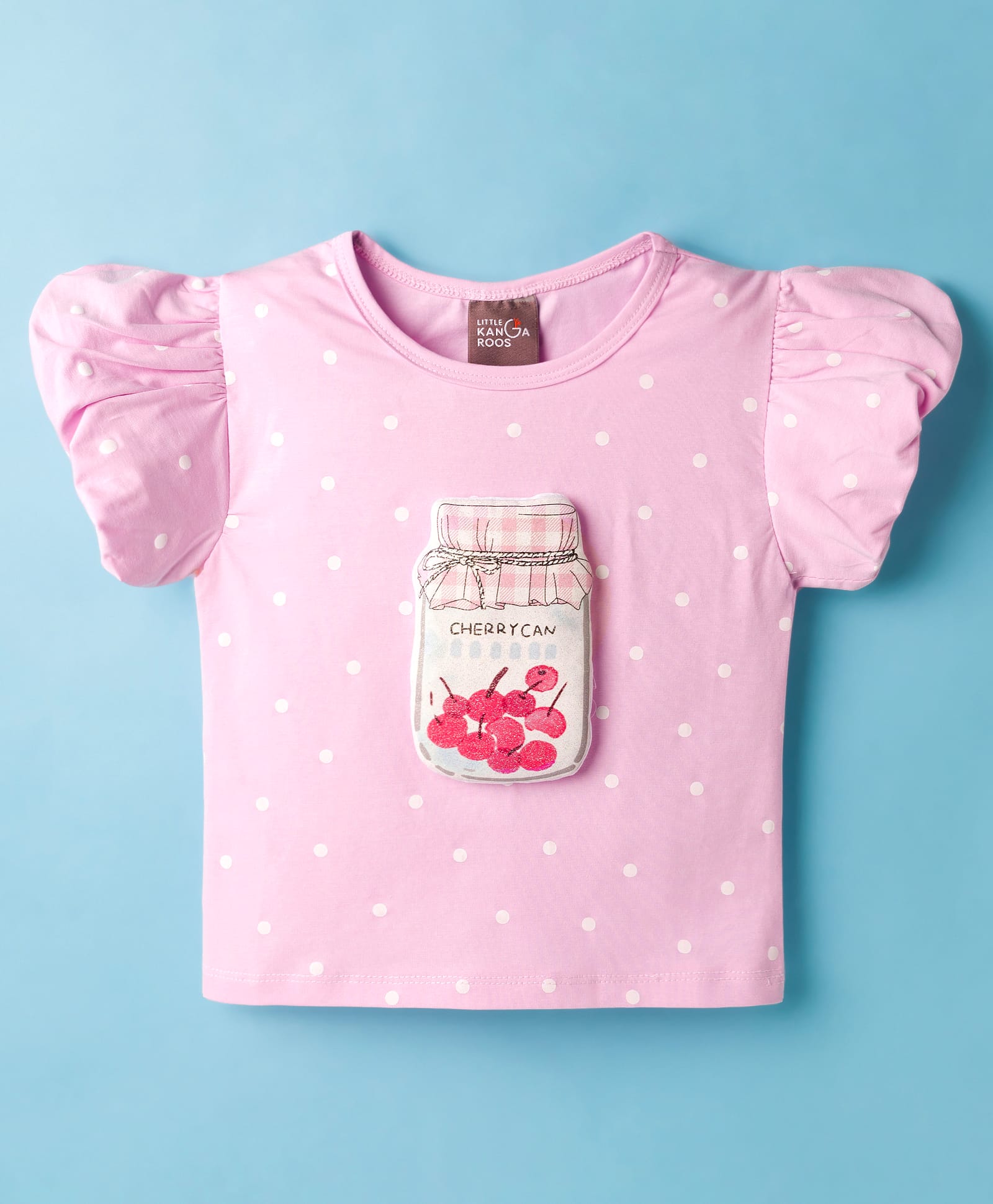 Little Kangaroos Knit Half Sleeves Top With Polka Dot Print & Cherry Can Applique - Baby Pink-picture-49