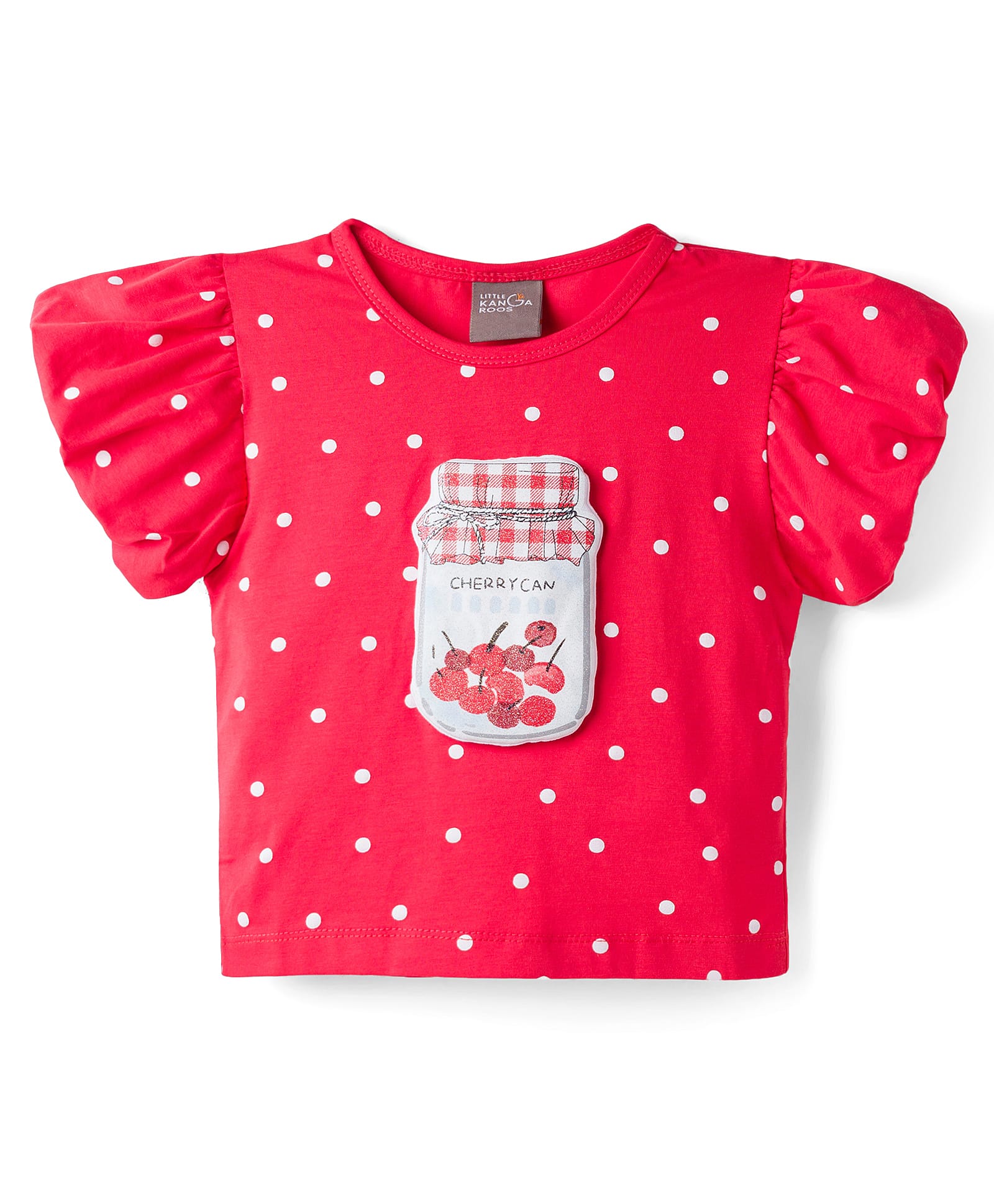 Little Kangaroos Knit Half Sleeves Top With Polka Dot Print & Cherry Can Applique - Red-picture-26