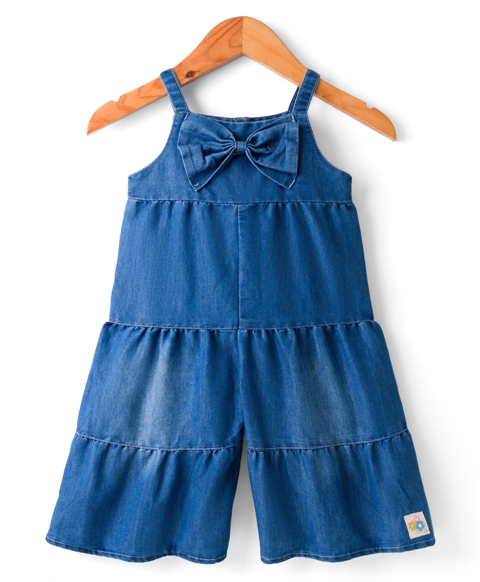 Little Kangaroos Denim Woven Sleeveless Jumpsuit With Bow Applique - Blue-picture-16