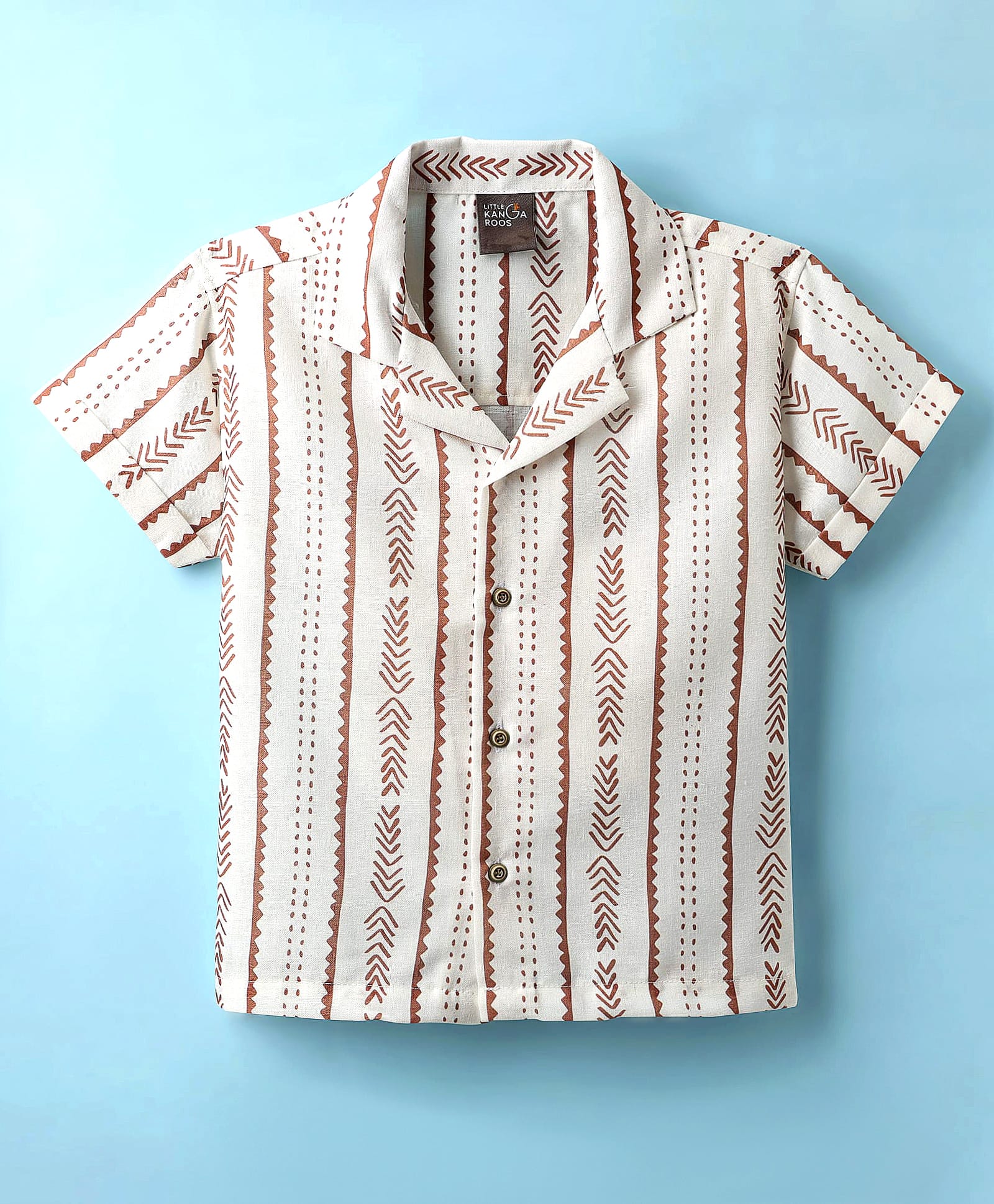 Little Kangaroos Knitted Woven Half Sleeves Printed Shirt - White & Brown-picture-22