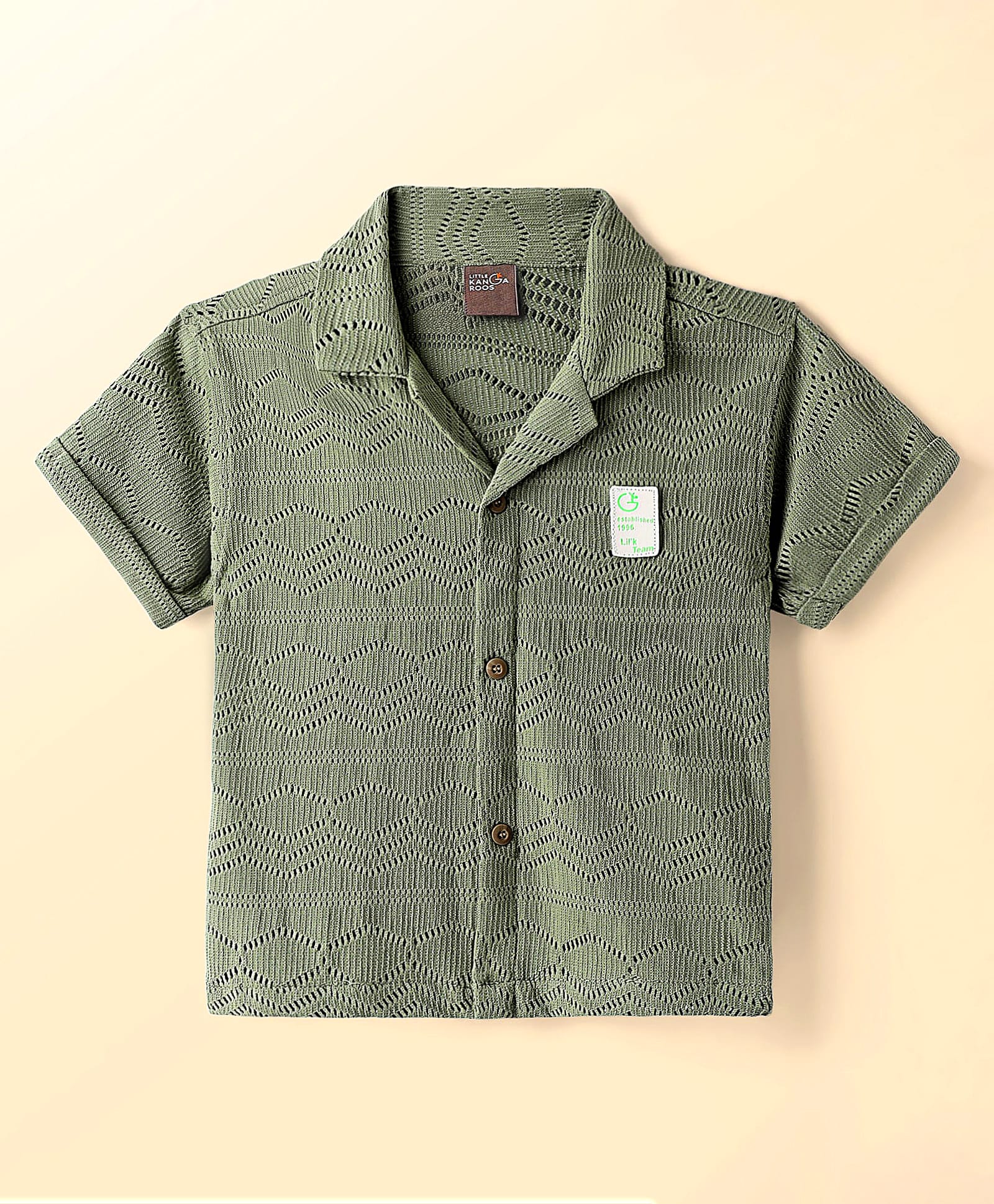Little Kangaroos Knitted Woven Half Sleeves Shirt With Textured Design - Olive Green-image-35