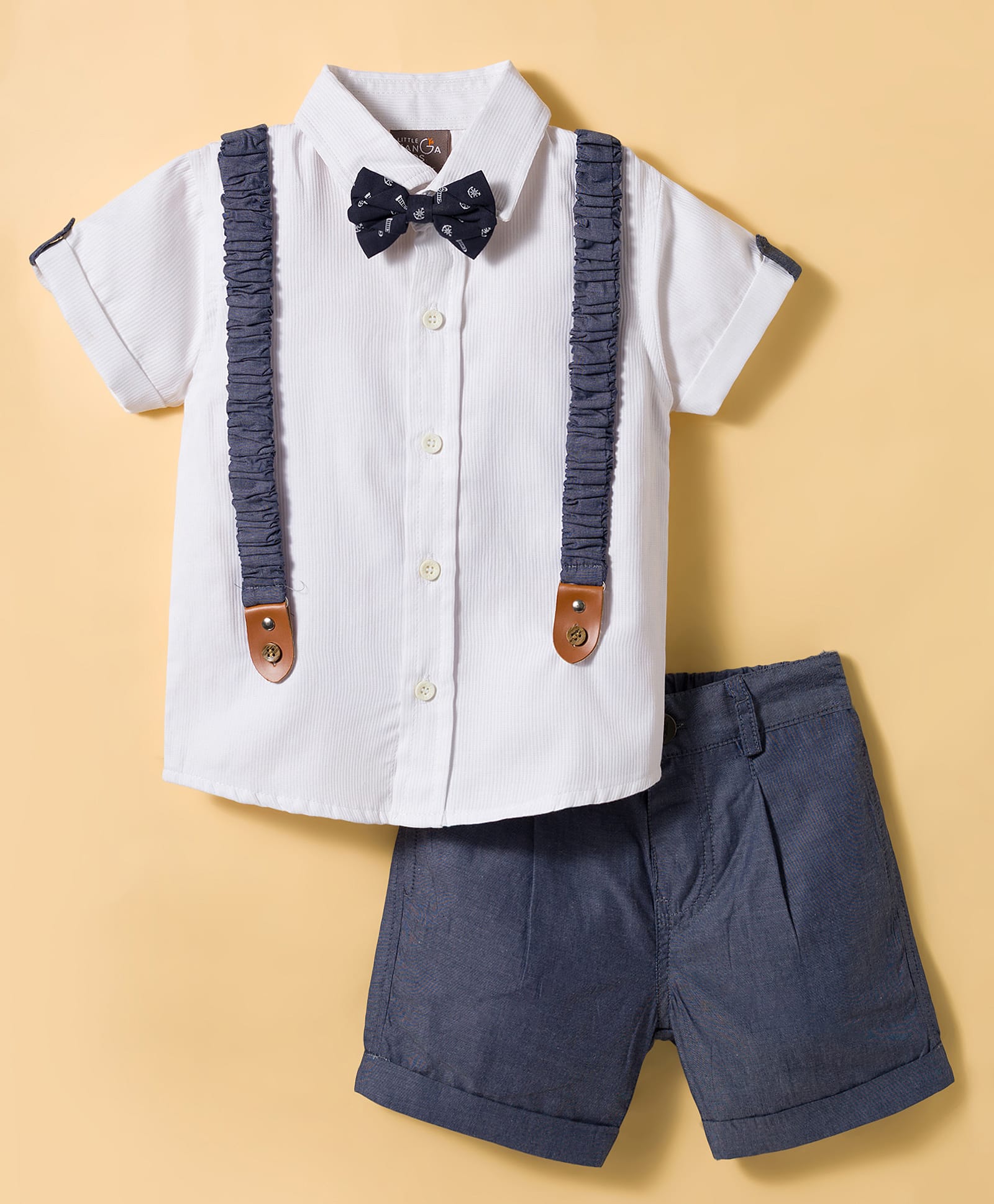 Little Kangaroos Knitted Half Sleeves Solid Color Shirt & Shorts Set with Bow - Navy Blue & White-picture-17