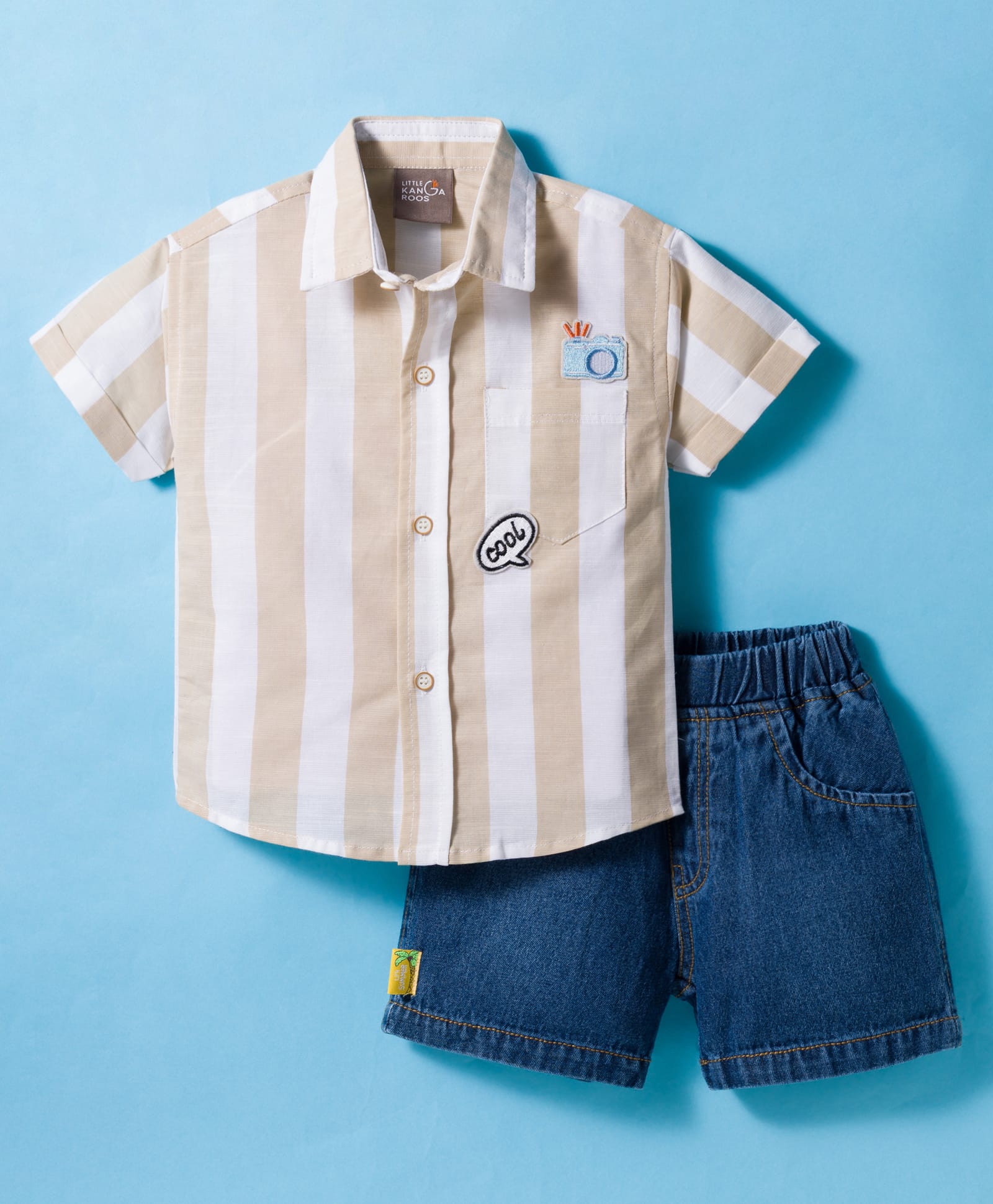 Little Kangaroos Cotton Woven Half Sleeves Striped Shirt & Shorts Set with Patch Detailing - Khaki-picture-31