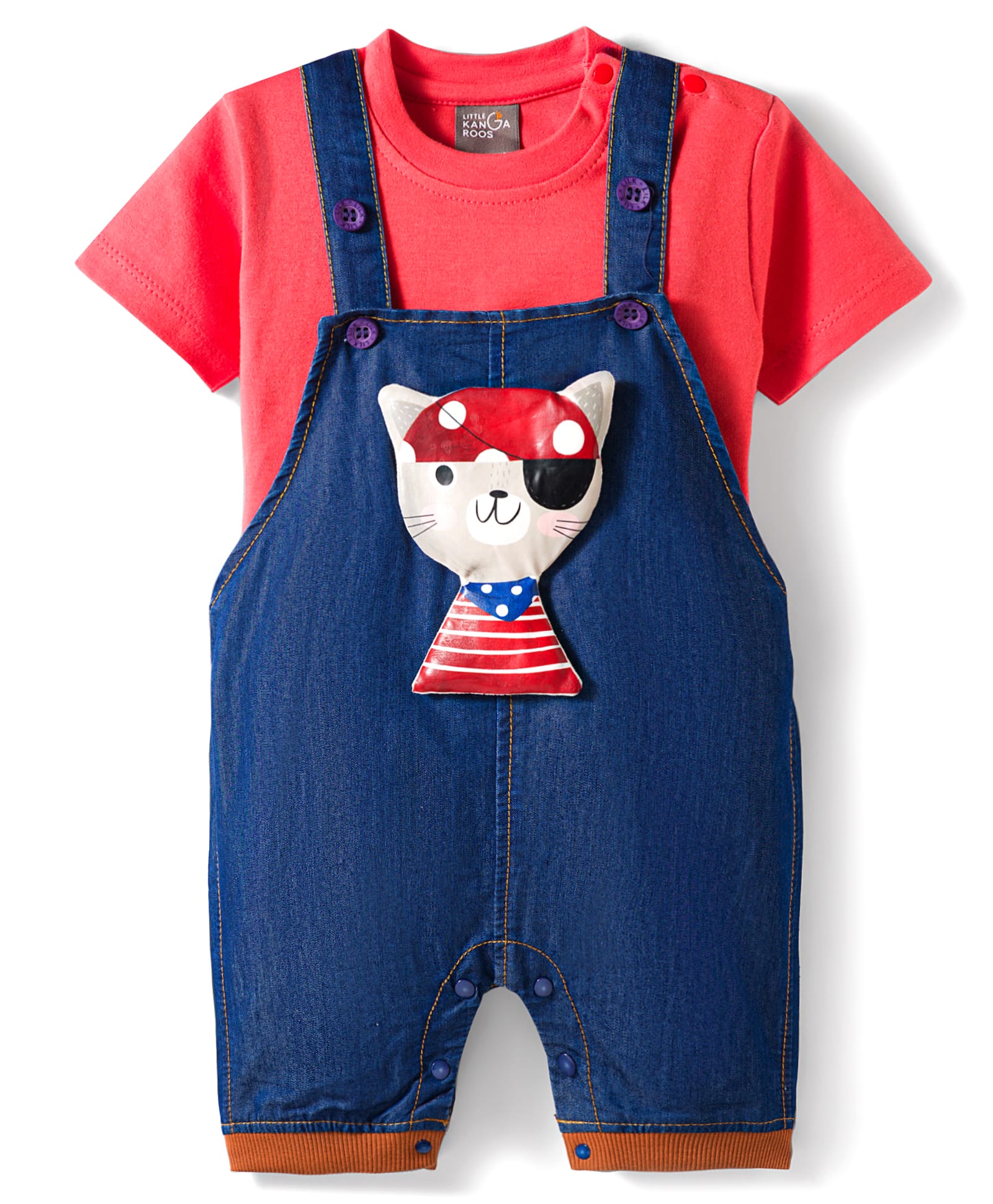 Little Kangaroos Half Sleeves Dungaree & Inner Tee With Animal Applique - Navy Blue-image-5