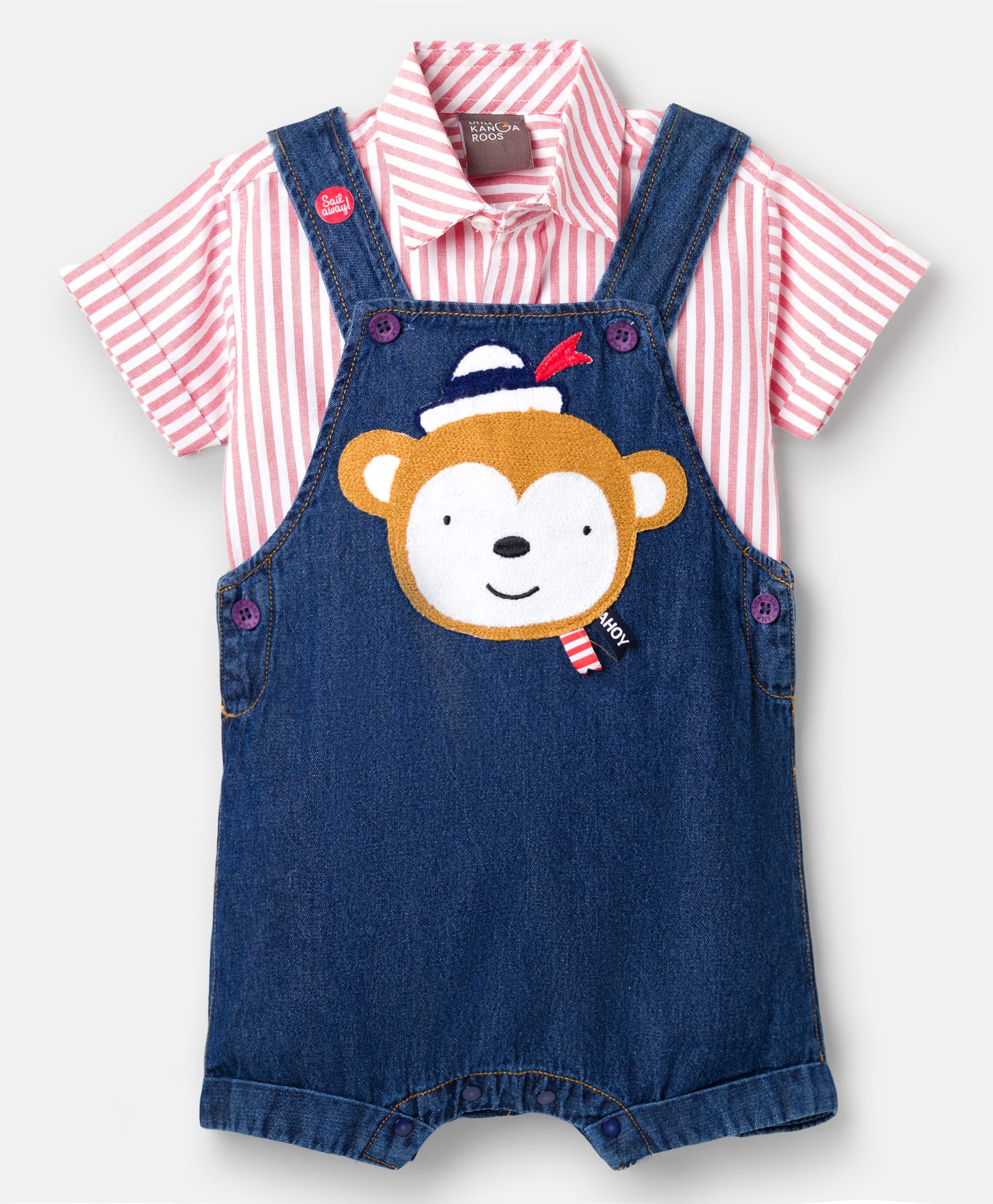 Little Kangaroos Denim Knit Dungaree with Half Sleeves Inner Shirt Monkey Patch Detailing & Stripes - Navy Blue-image-11