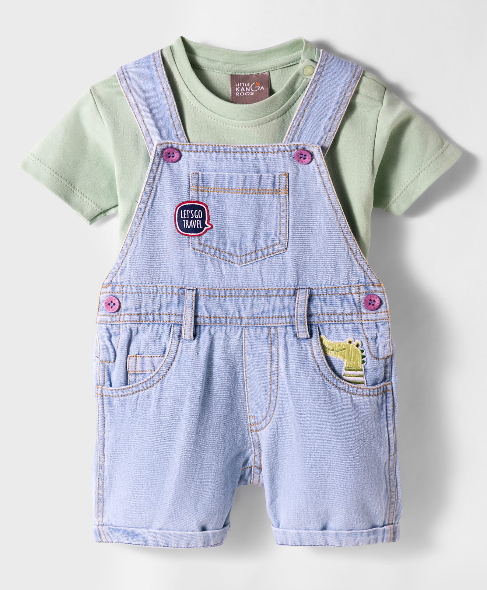 Little Kangaroos Denim Dungarees with Half Sleeves Inner Tee with Dino Patch - Light Blue-image-27