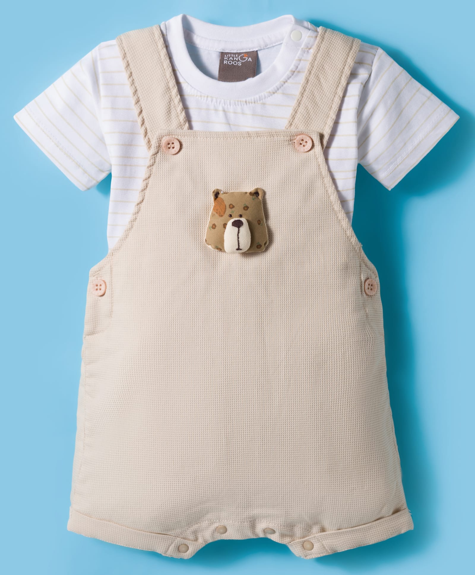 Little Kangaroos Denim Knit Dungaree with Half Sleeves Striped Inner Tee & Bear Applique - Tan-image-26