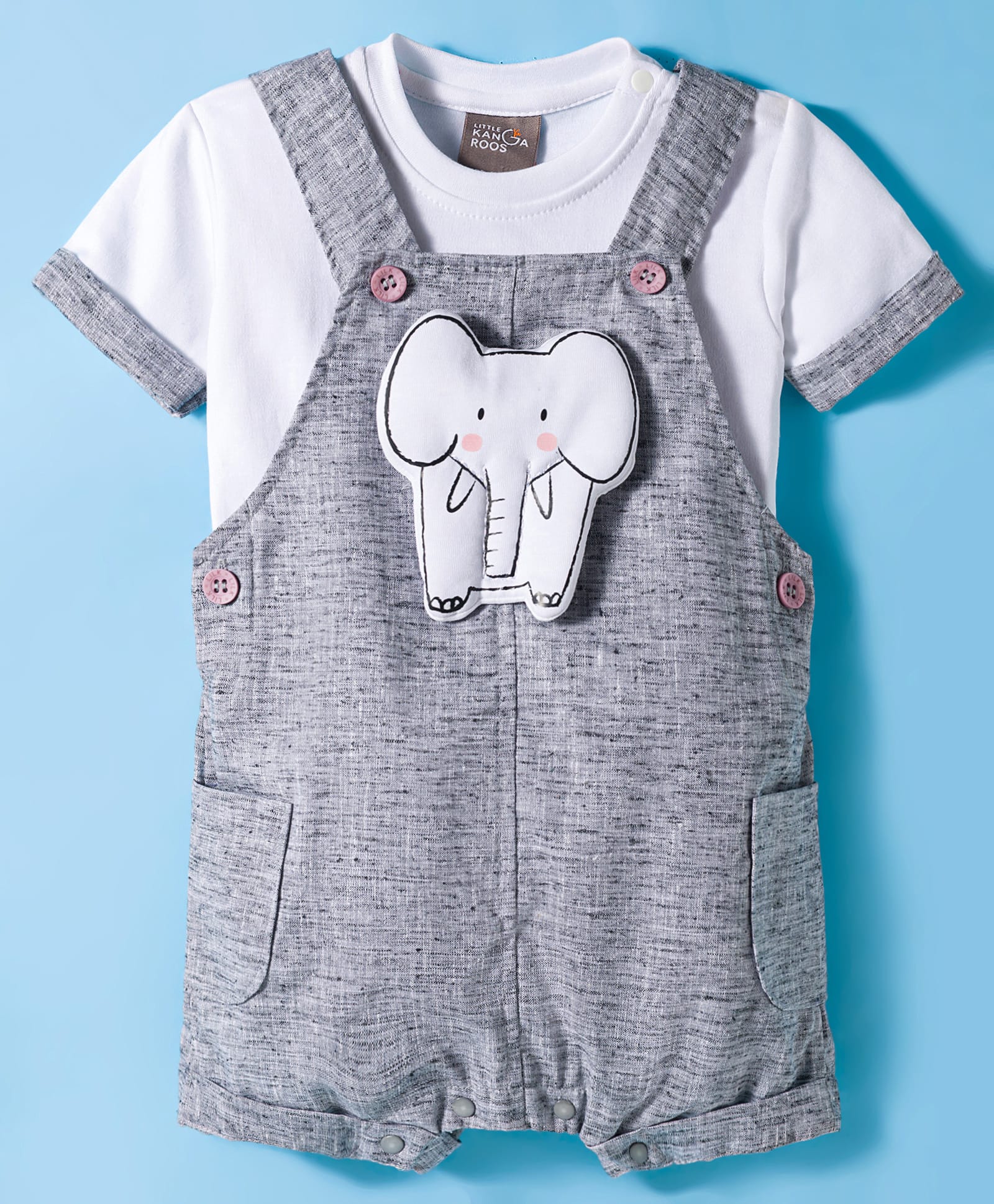 Little Kangaroos Denim Knit Dungaree With Half Sleeves Inner Tee & Animal Patch - White & Grey-picture-17