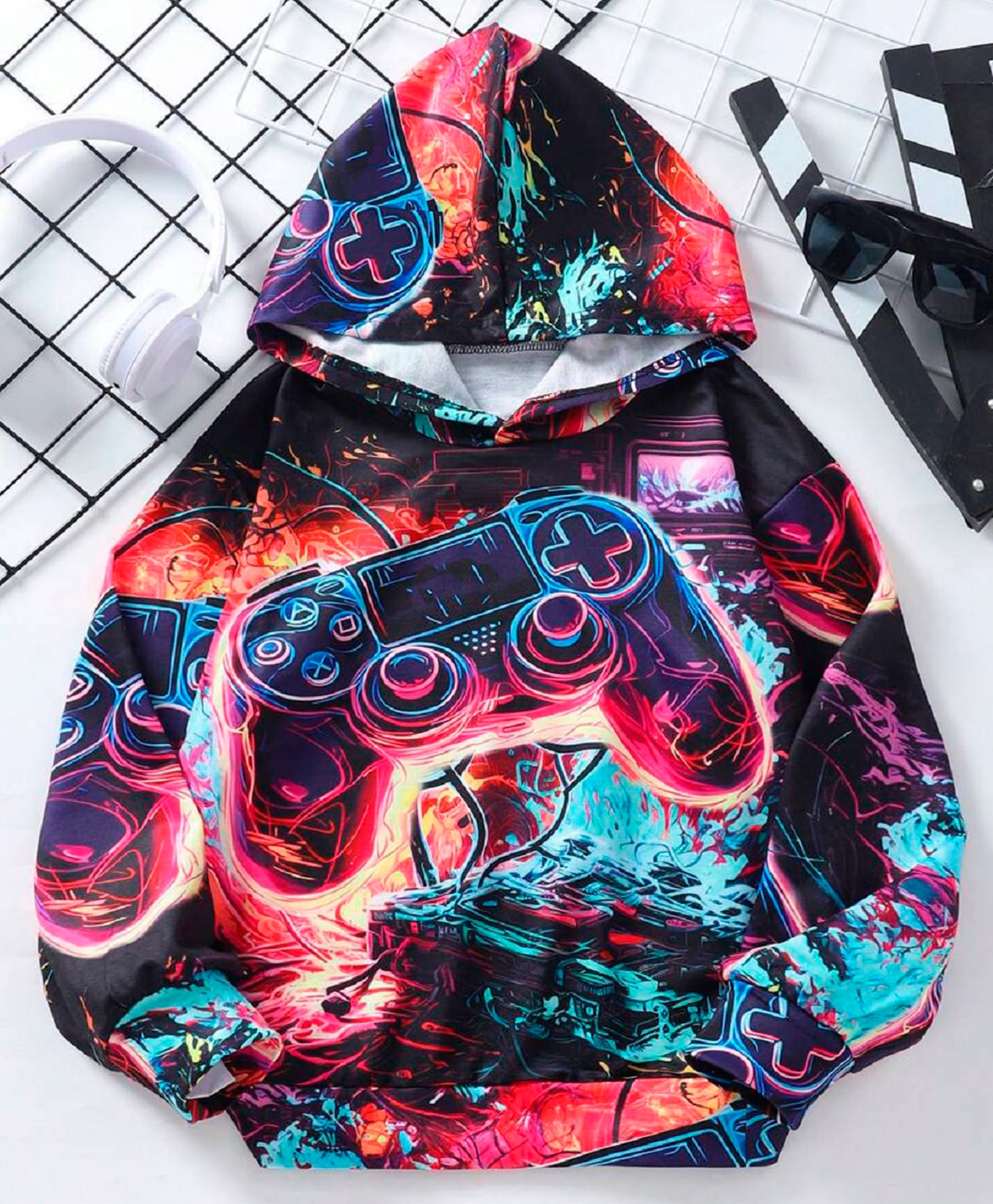 Bolly Lounge Cotton Knit Full Sleeves Gaming Console Printed Light Winter Hooded Sweatshirt - Black-picture-27