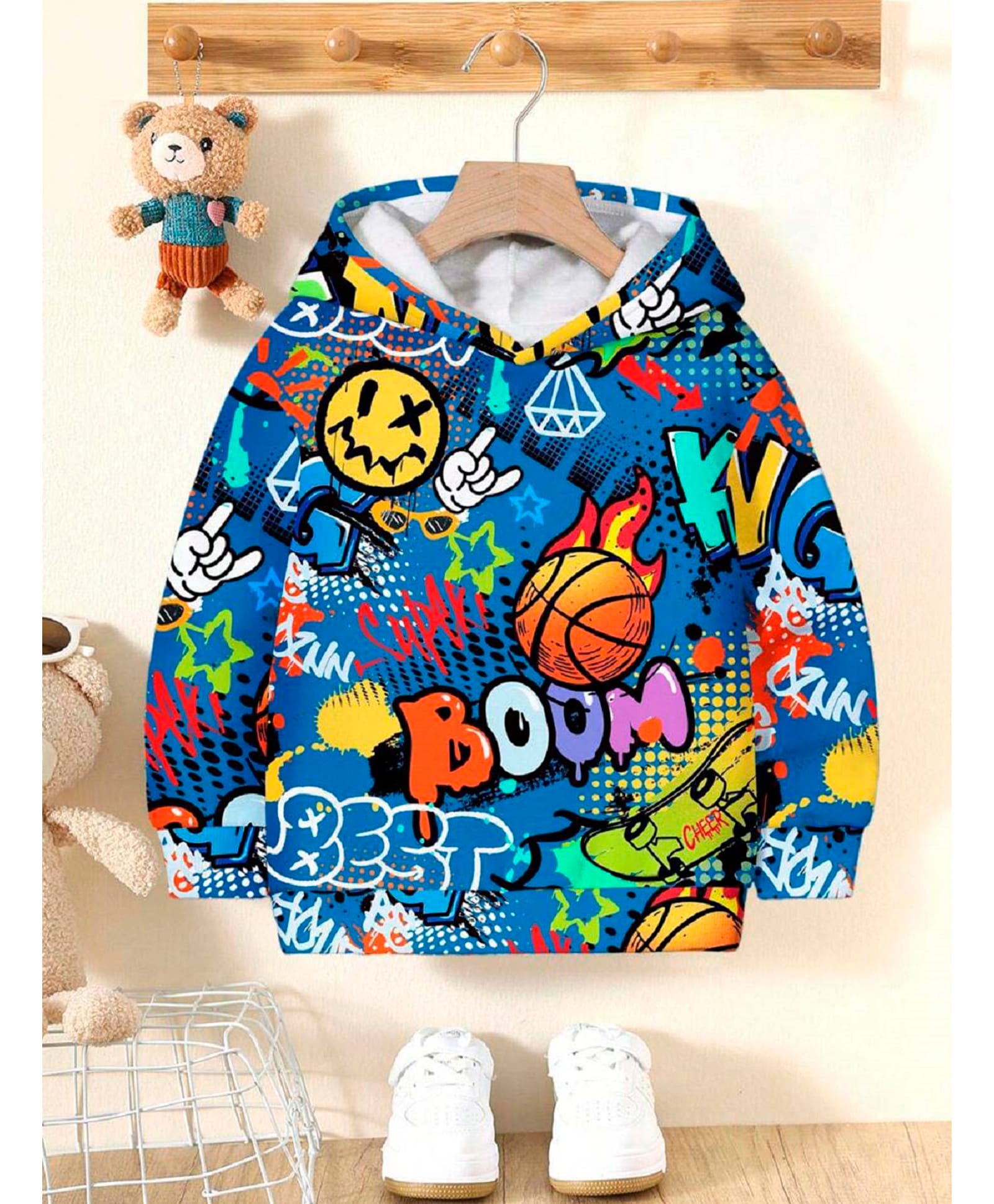 Bolly Lounge Cotton Knit Full Sleeves Smiley Face Printed Light Winter Hooded Sweatshirt - Blue-picture-12