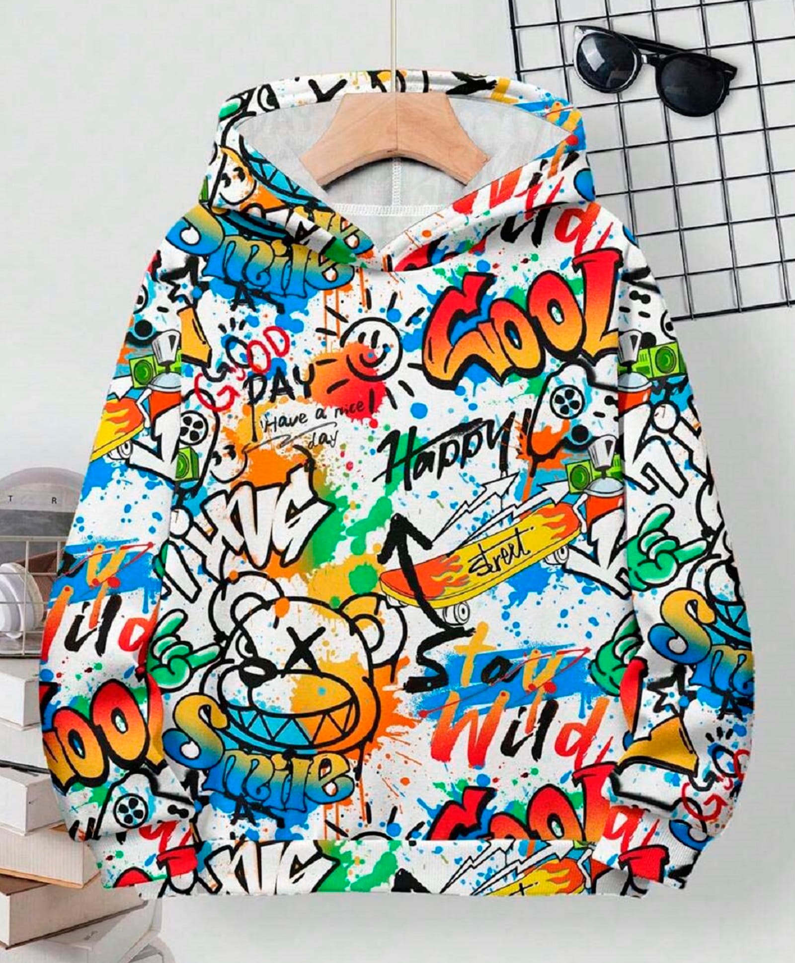 Bolly Lounge Cotton Knit Full Sleeves Typography Printed Light Winter Hooded Sweatshirt - White