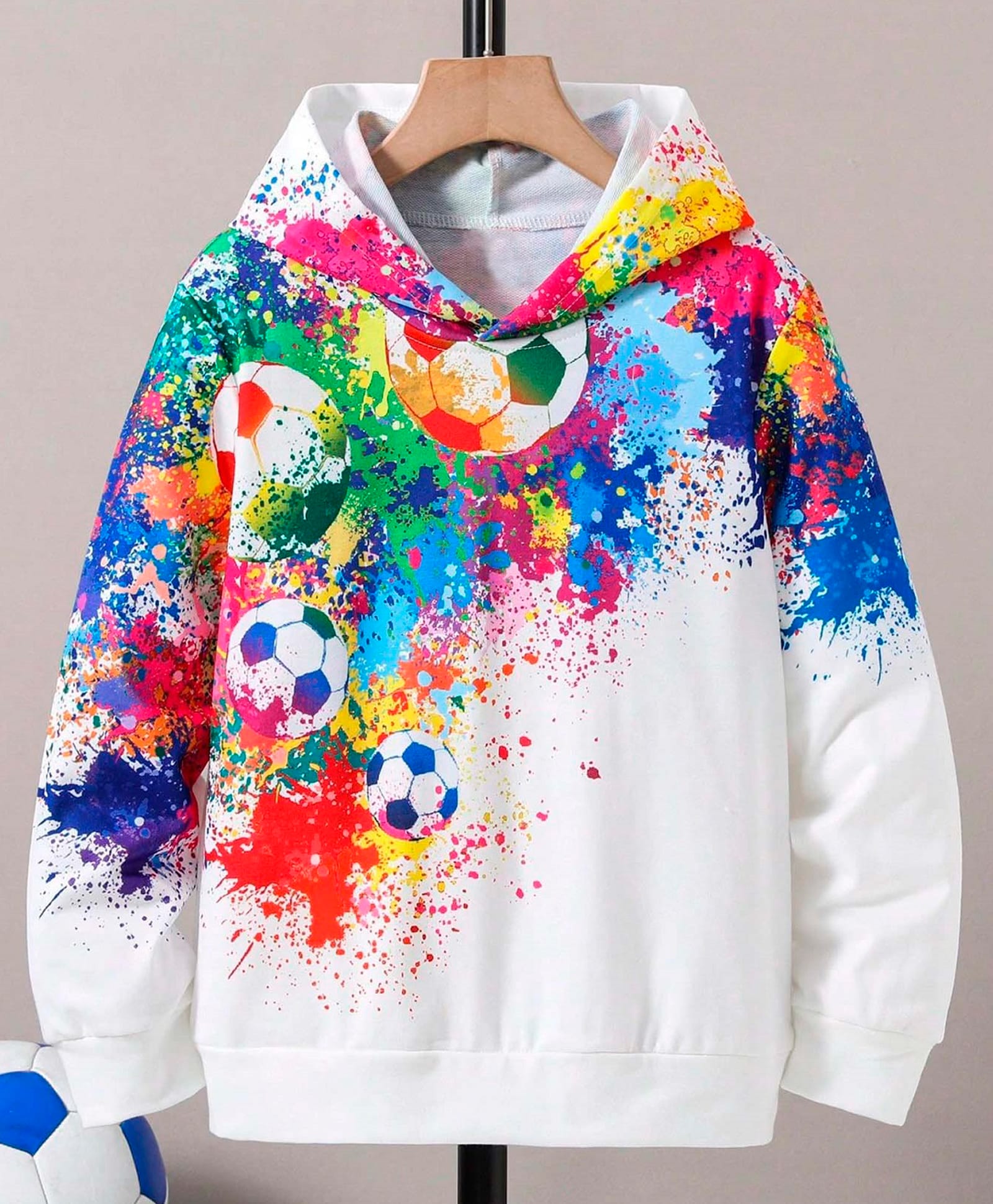 Bolly Lounge Cotton Knit Full Sleeves Football Printed Light Winter Hooded Sweatshirt - White