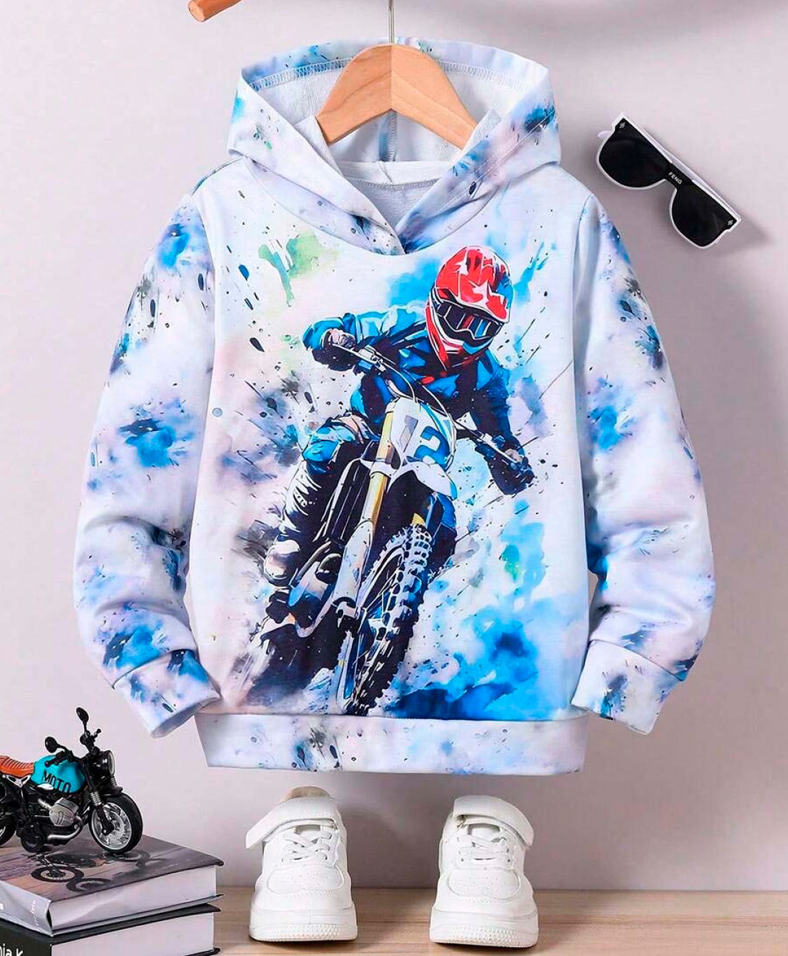 Bolly Lounge Cotton Knit Full Sleeves Biker Printed Light Winter Hooded Sweatshirt - White-image-22
