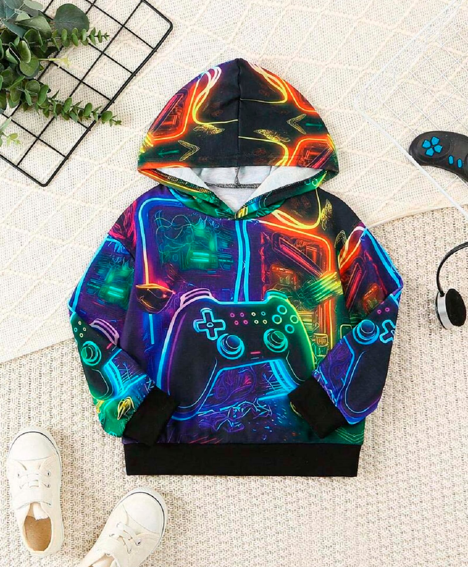 Bolly Lounge Cotton Knit Full Sleeves Gaming Console Printed Light Winter Hooded Sweatshirt - Blue