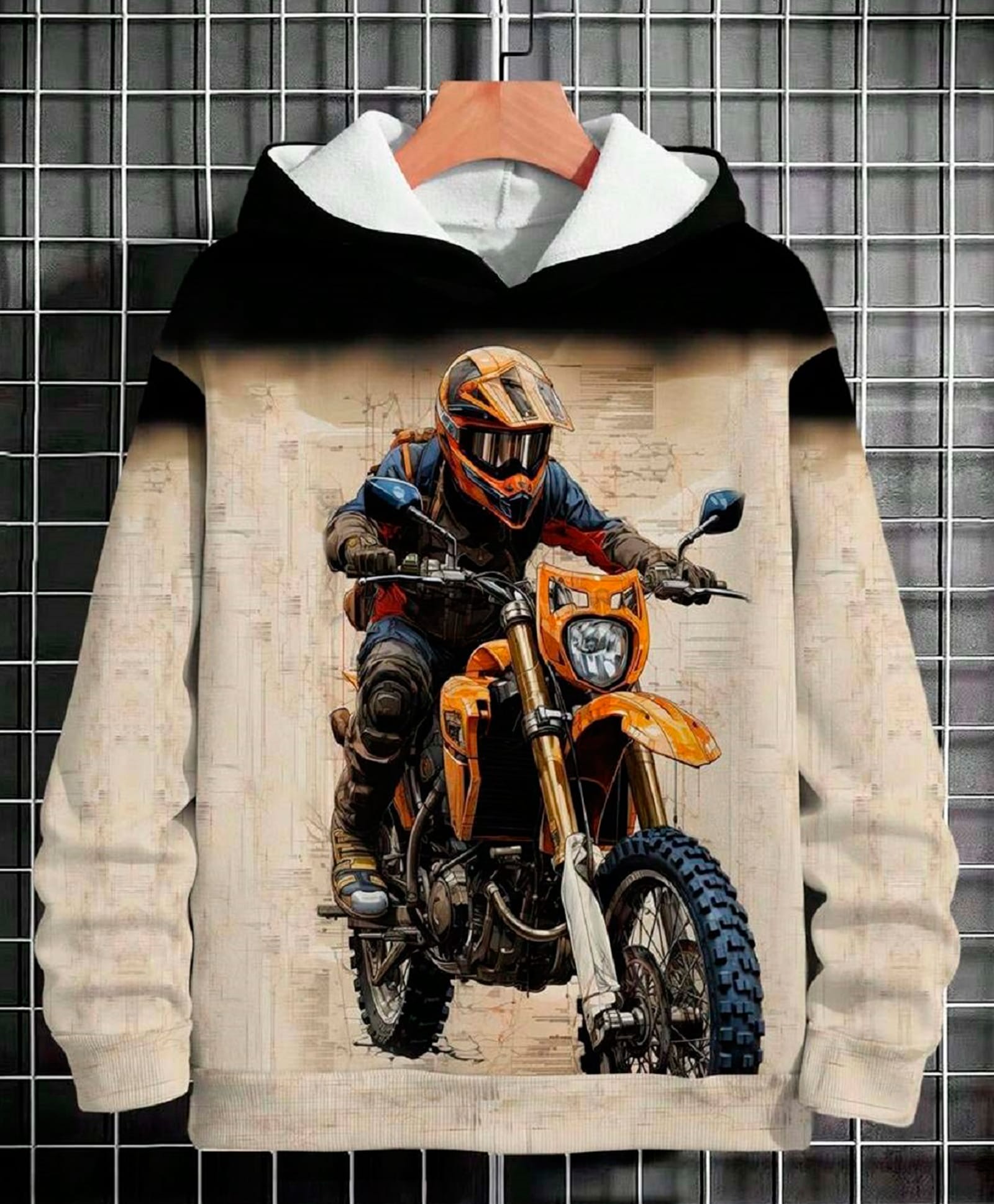 Bolly Lounge Cotton Knit Full Sleeves Biker Printed Light Winter Hooded Sweatshirt - Cream